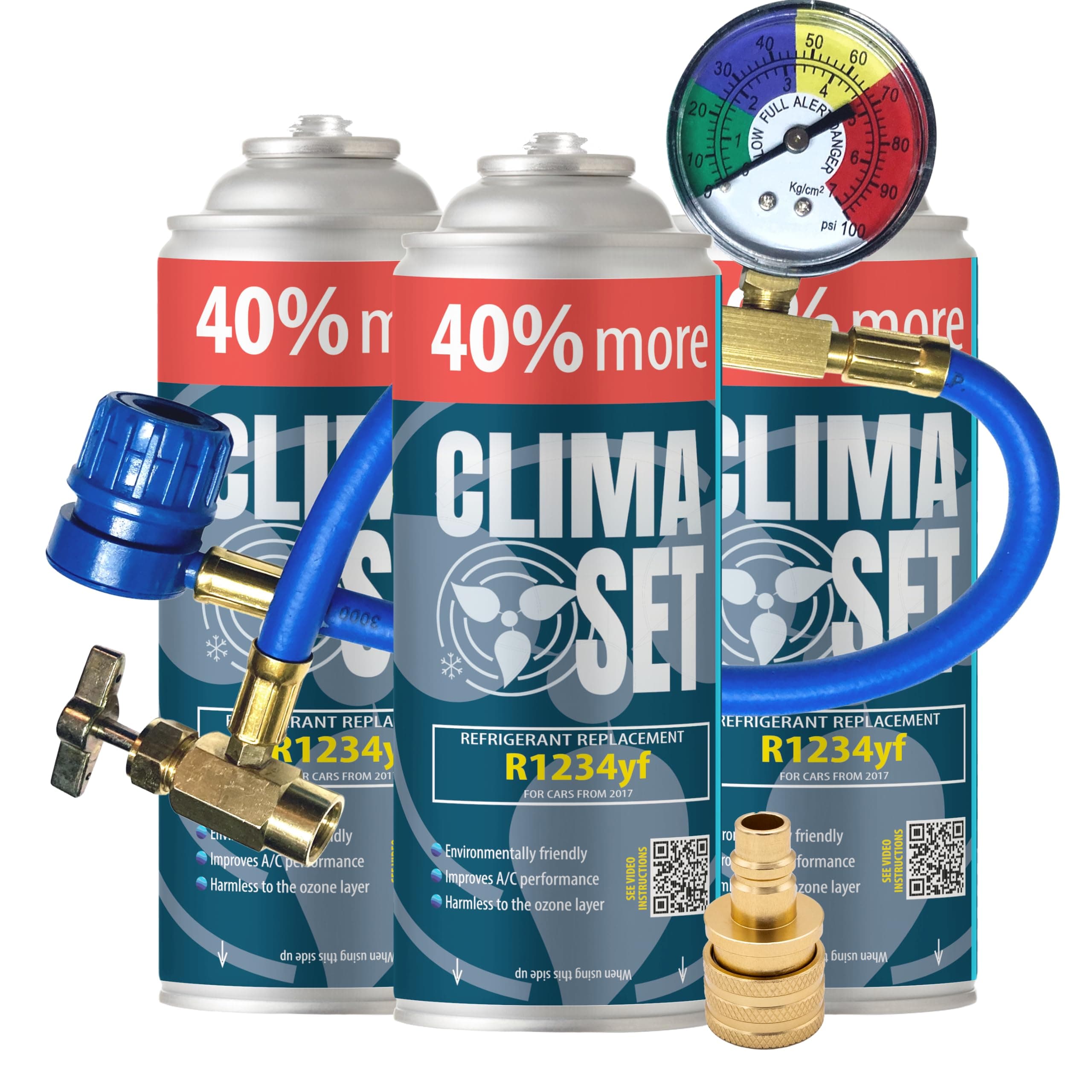 ClimaSet R1234yf air conditioning refill - r1234yf air conditioning gas - 3x235 g with hose, pressure gauge and HP/LP adapter - Car air conditioning - Car air conditioning refill - ECO
