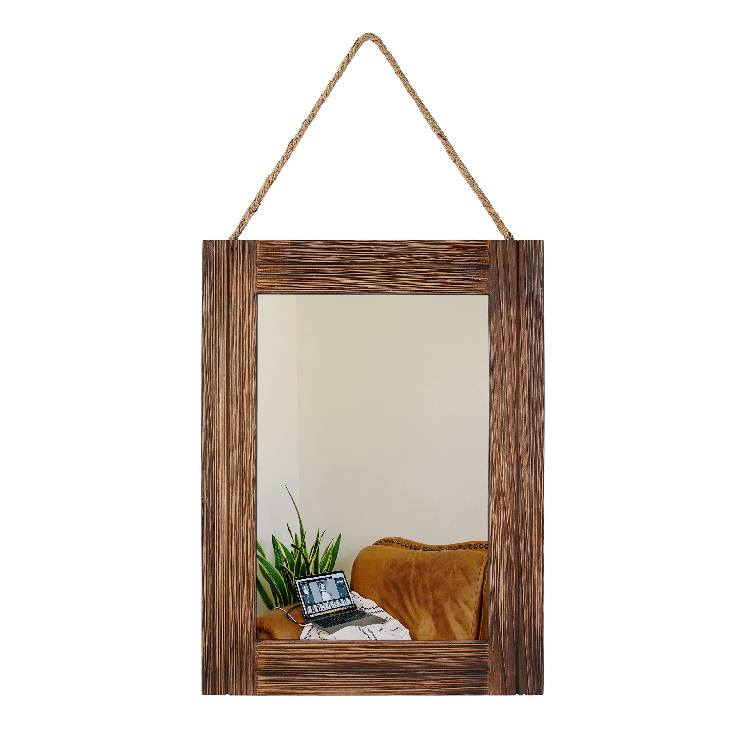 16 X 12 Inch Rustic Wood Framed Wall Mirror with Hanging Rope for Farmhouse Decor, for Entryway, Bedroom, Bathroom, Dresser, Brown
