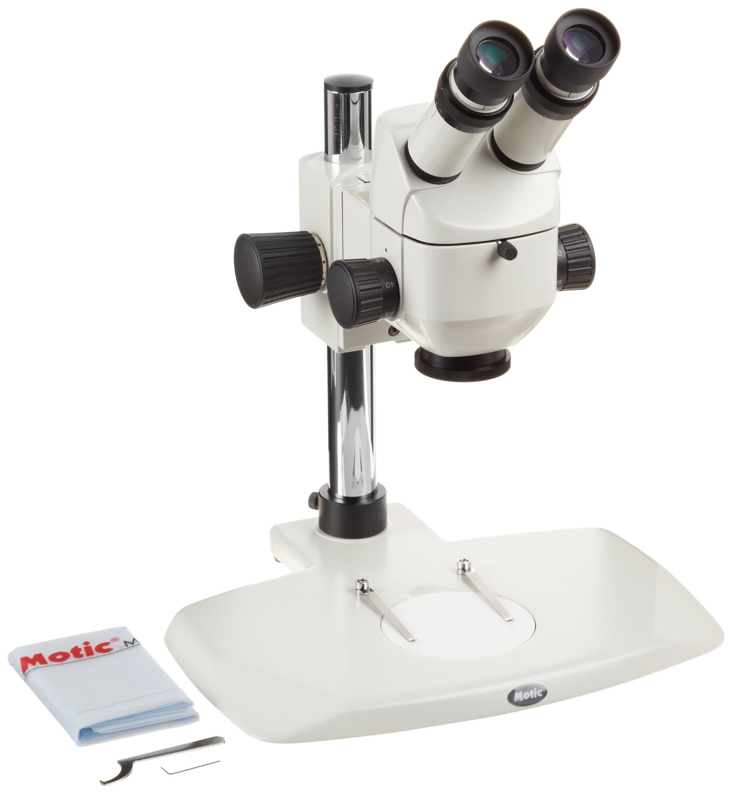 Motic 1100200900231 K-500P Binocular Stereo Microscope, WF10x Eyepieces, Five-Step Magnification (6.4x, 10x, 16x, 25x, 40x), 1x Auxiliary Objective, Infinity Optical System, Ambient Illumination, Fixed Stage