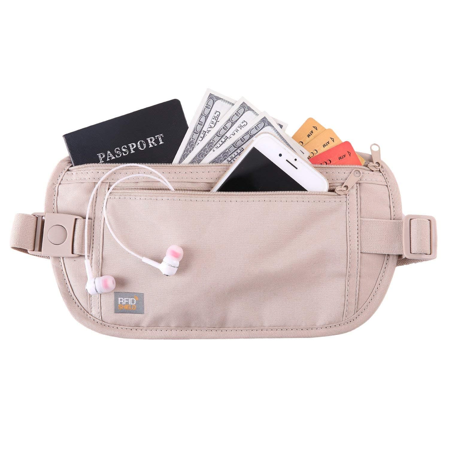 MUKAZOM Money Belt for Travel, Hidden Fanny Pack RFID Blocking Waist Wallet for Passport (Khaki)