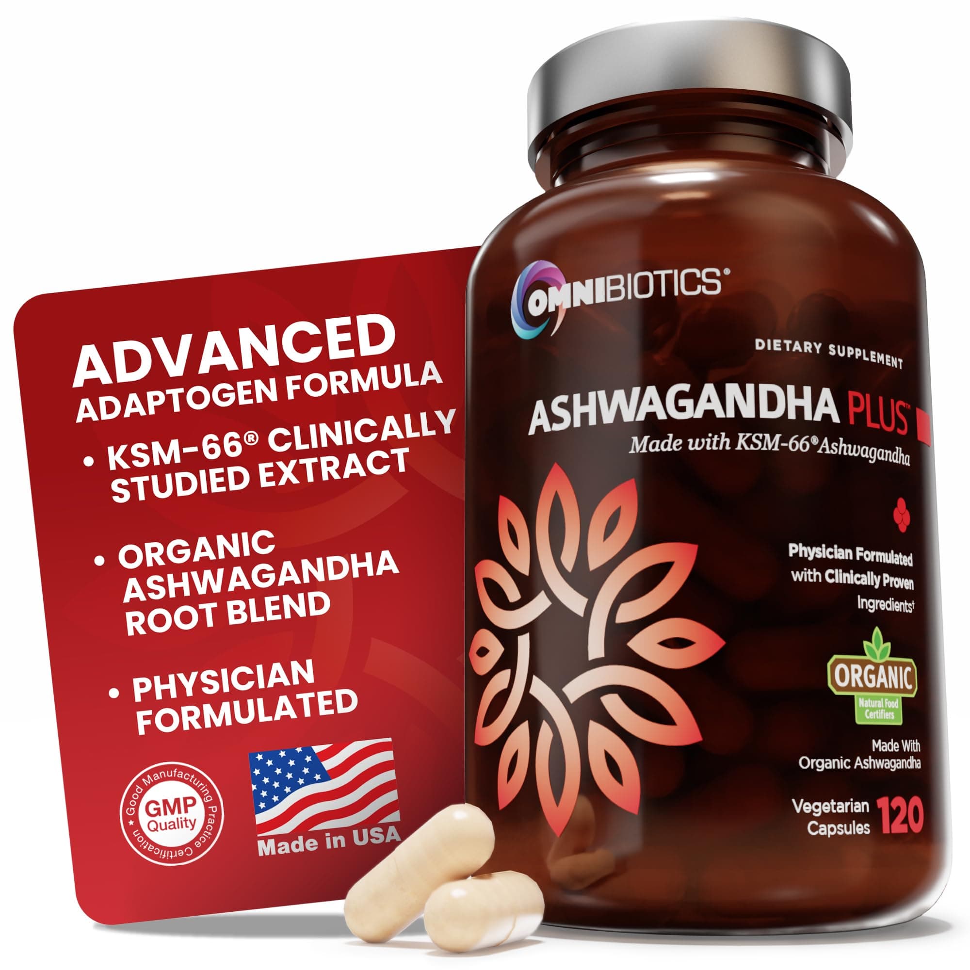 Organic Ashwagandha Supplement – 1300mg Total Strength – 900mg Organic Root Powder & 400mg KSM-66 Extract – Stress Relief, Mood & Sleep Support – Non-GMO – 120 Vegan Capsules