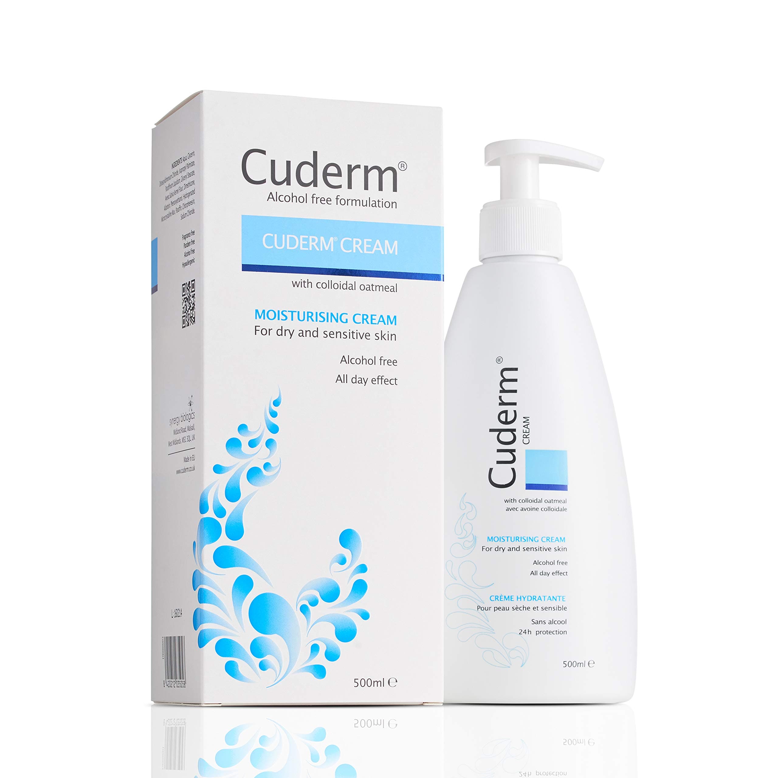 Cuderm Cream 500ml Alcohol Free Moisturiser for Dry Skin & Eczema | Colloidal Oatmeal | Hypoallergenic | Vegan | Unscented | Steroid Free | Paraben Free | SLS Free | Cruelty Free