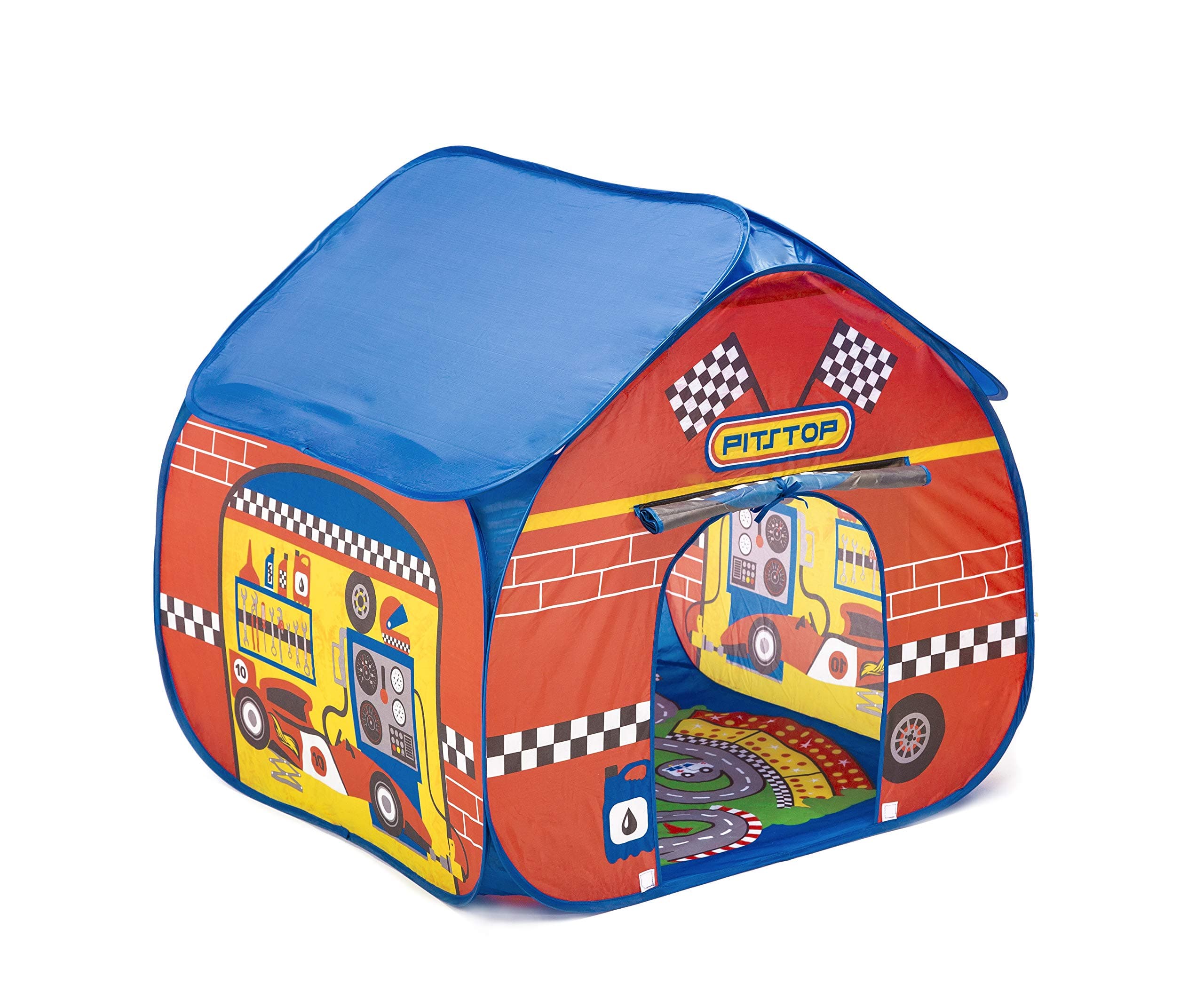 Pop It Up Pit Stop Tent with Race Mat Playhouse Fun2Give, Front & Back Doors, Spacious Interior, Pretend Play, Toddlers & Kids Ages 3+