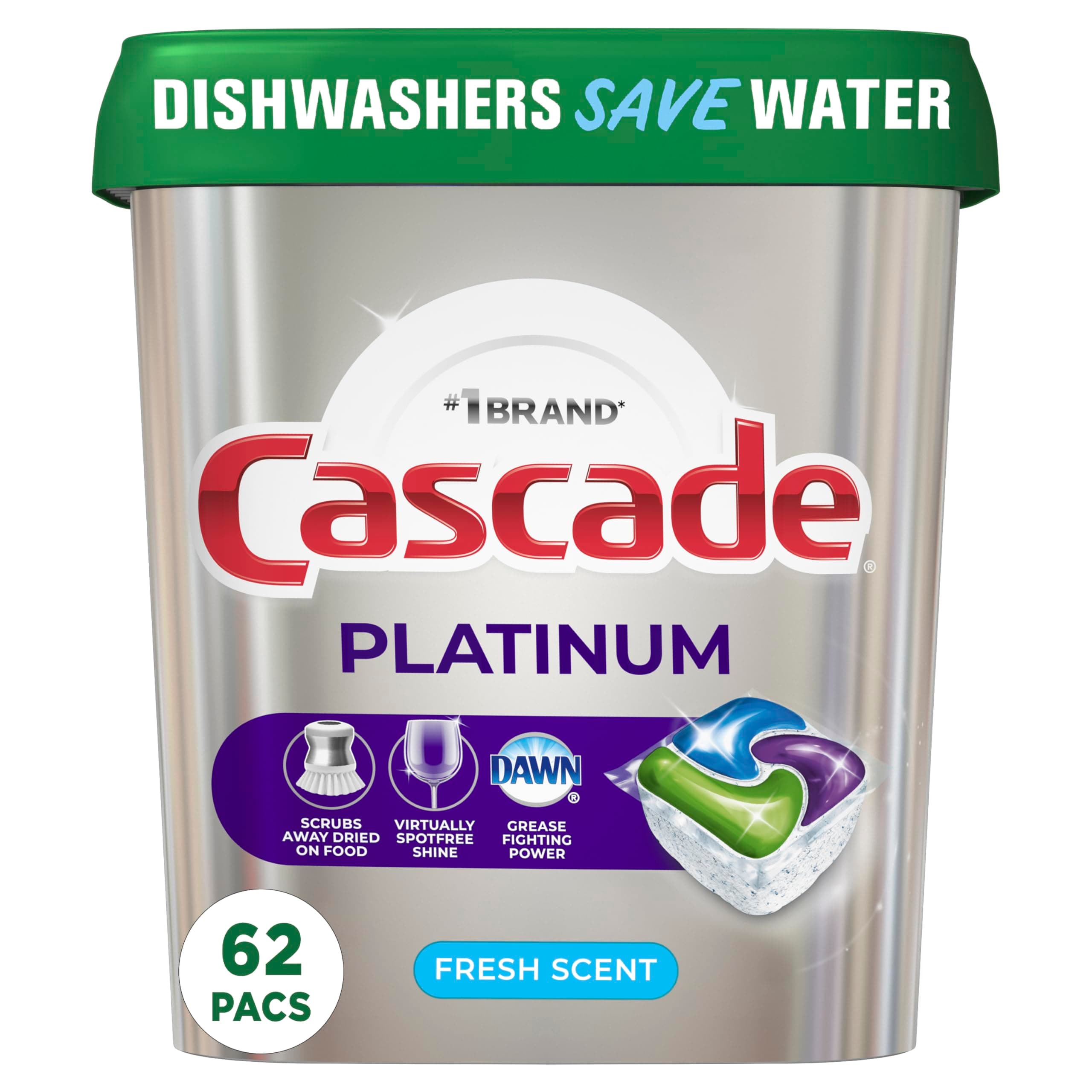 Cascade Platinum Dishwasher Pods, Actionpacs Dishwasher Detergent, Fresh Scent, 62 Count