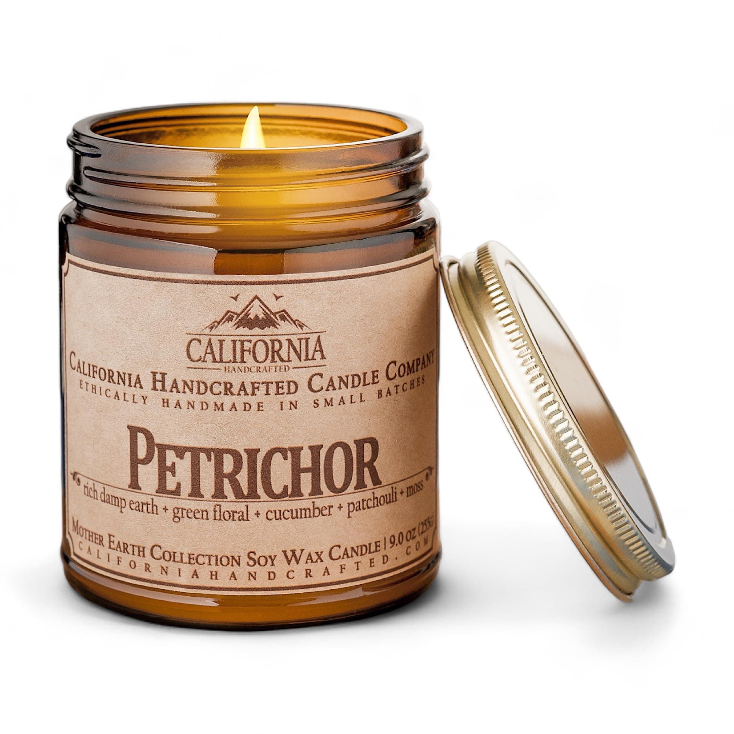 Petrichor Scented Soy Wax Candle | Rich Damp Earth + Green Floral + Cucumber + Patchouli + Moss | 9 oz Jar