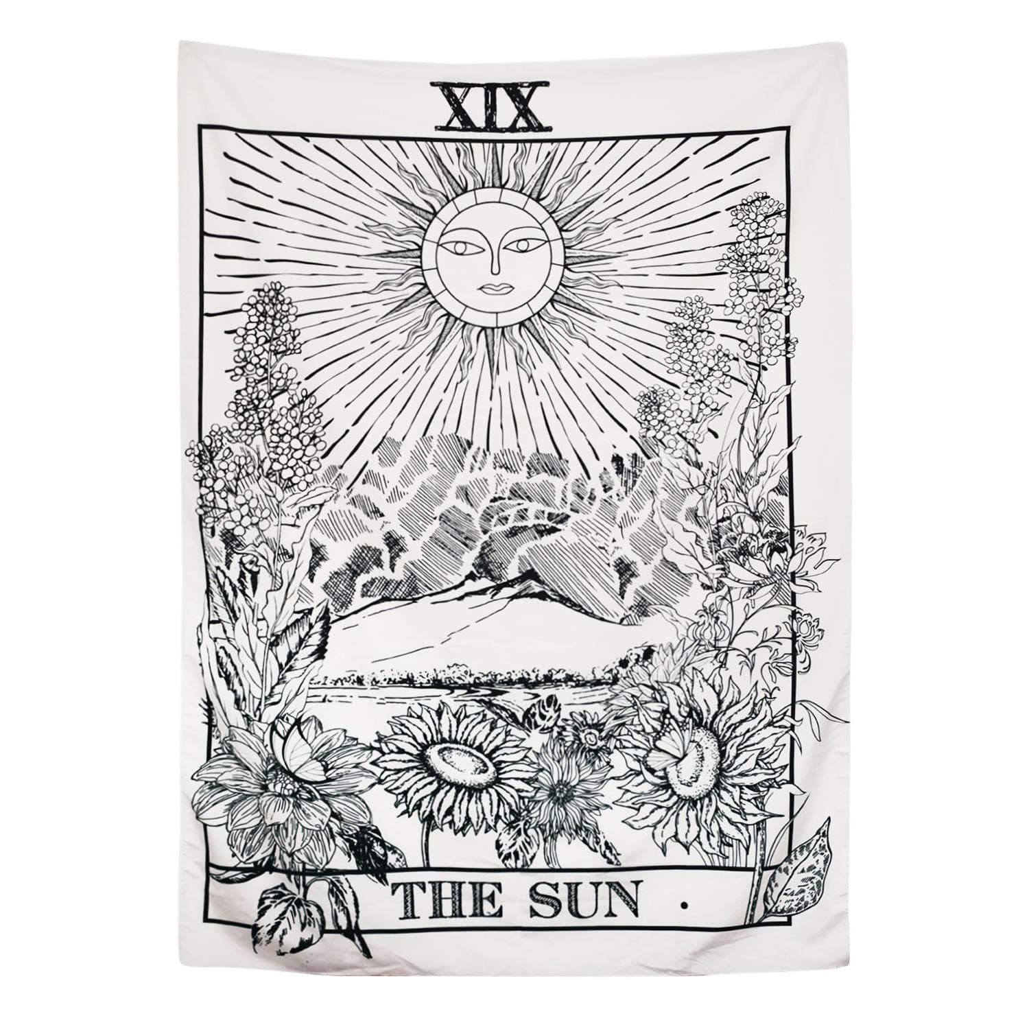 Arfbear Black Tarot Tapestry, The Moon The Star The Sun Tapestry Wall Hanging Medieval Europe Divination White and Black Wall Decor 51.2x59 Inches