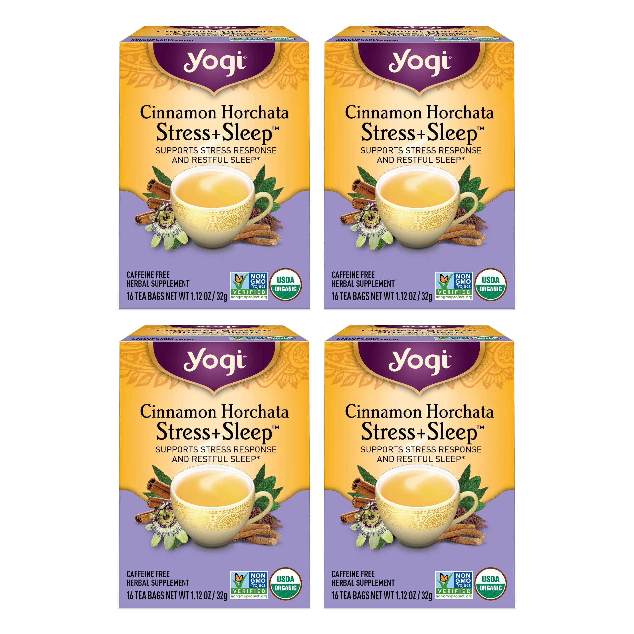 YogiTea Cinnamon Horchata Stress & Sleep - 16 Tea Bags per Pack (4 Packs) - Organic Sleep Tea - Supports a Restful Sleep - Includes Ashwagandha, Passionflower & Apple Cider Vinegar