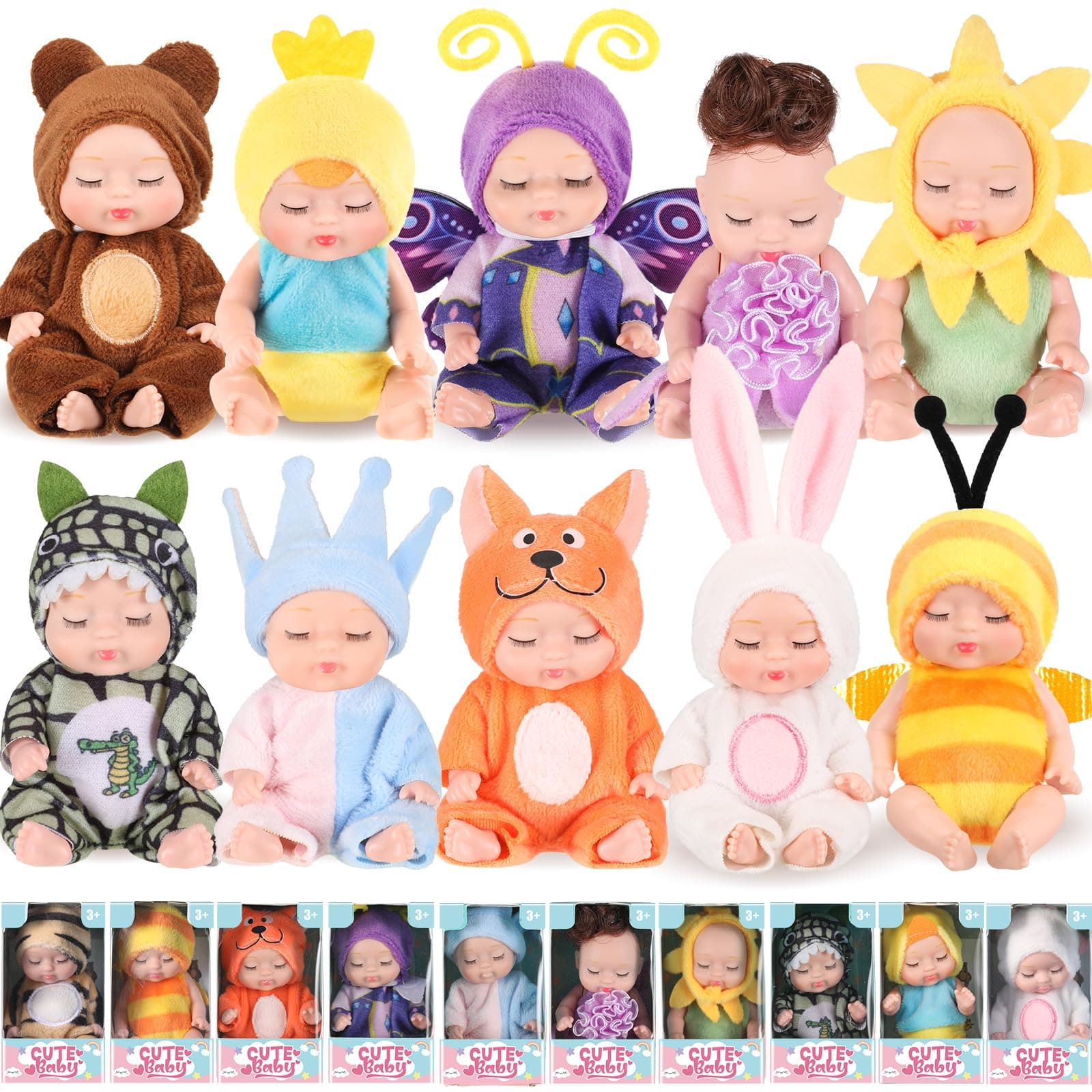 Hanaive 10 Pcs 4 Inch Mini Baby Dolls Lifelike Realistic Tiny Baby Dolls with Animal Clothes Cute Infant Figurine Gifts Set for Toddlers Girls Kids 3+ Easter Graduation Birthday(Cute Style)