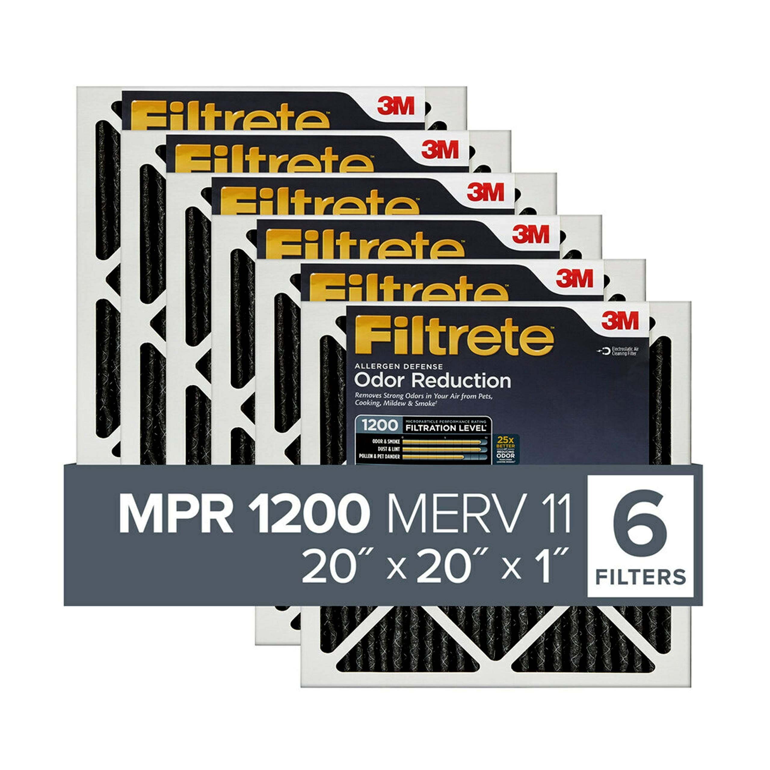 Filtrete20x20x1 Air Filter, MPR 1200, MERV 11, Allergen Defense Odor Reduction 3-Month Pleated 1-Inch Air Filters, 6 Filters
