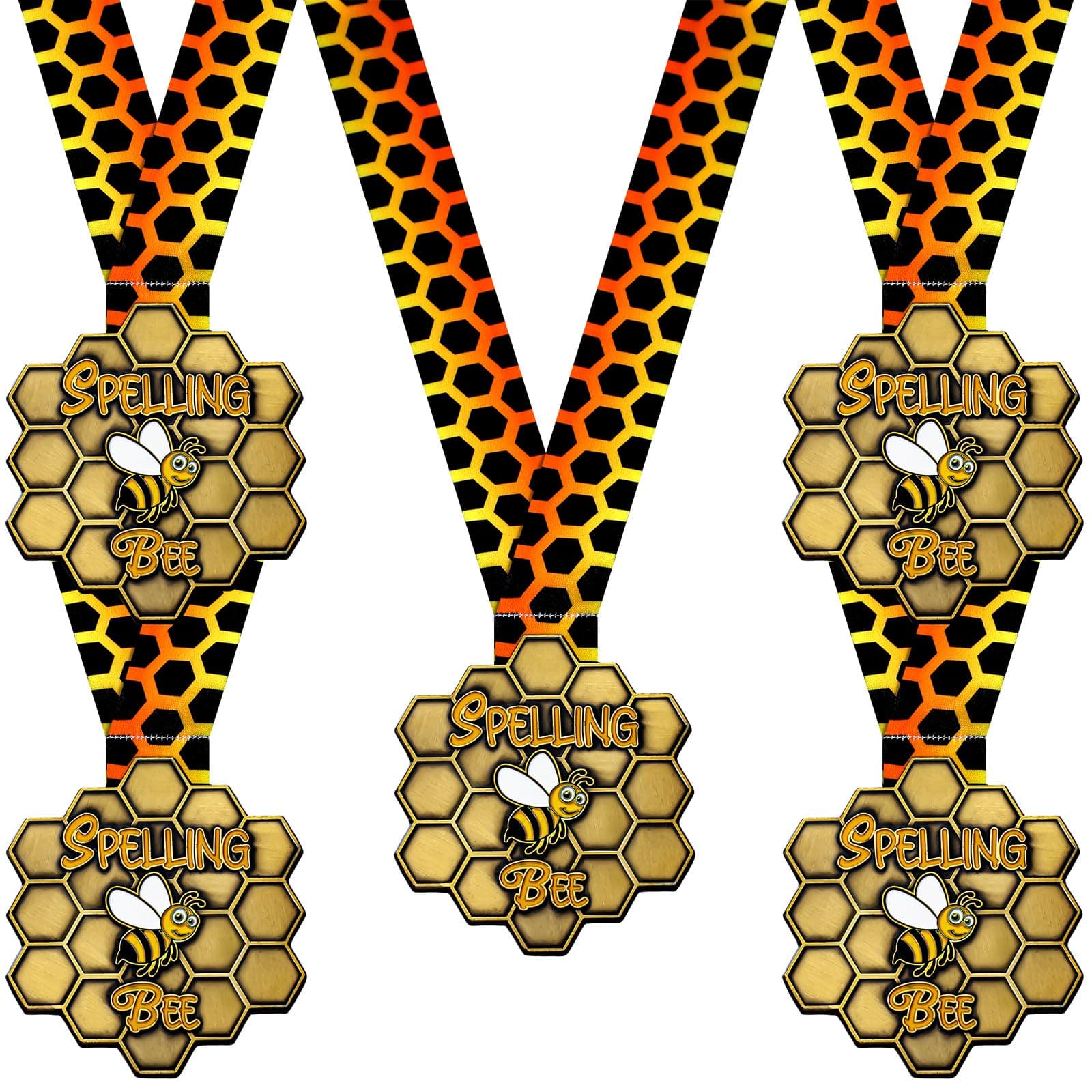 Ecally 5 Pcs Spelling Bee Medals Honeycomb Medal Awards with Neck Ribbon Spelling Bee Trophy 3. 25 Inch Wide for Kids Adults Competitions Party Supplies