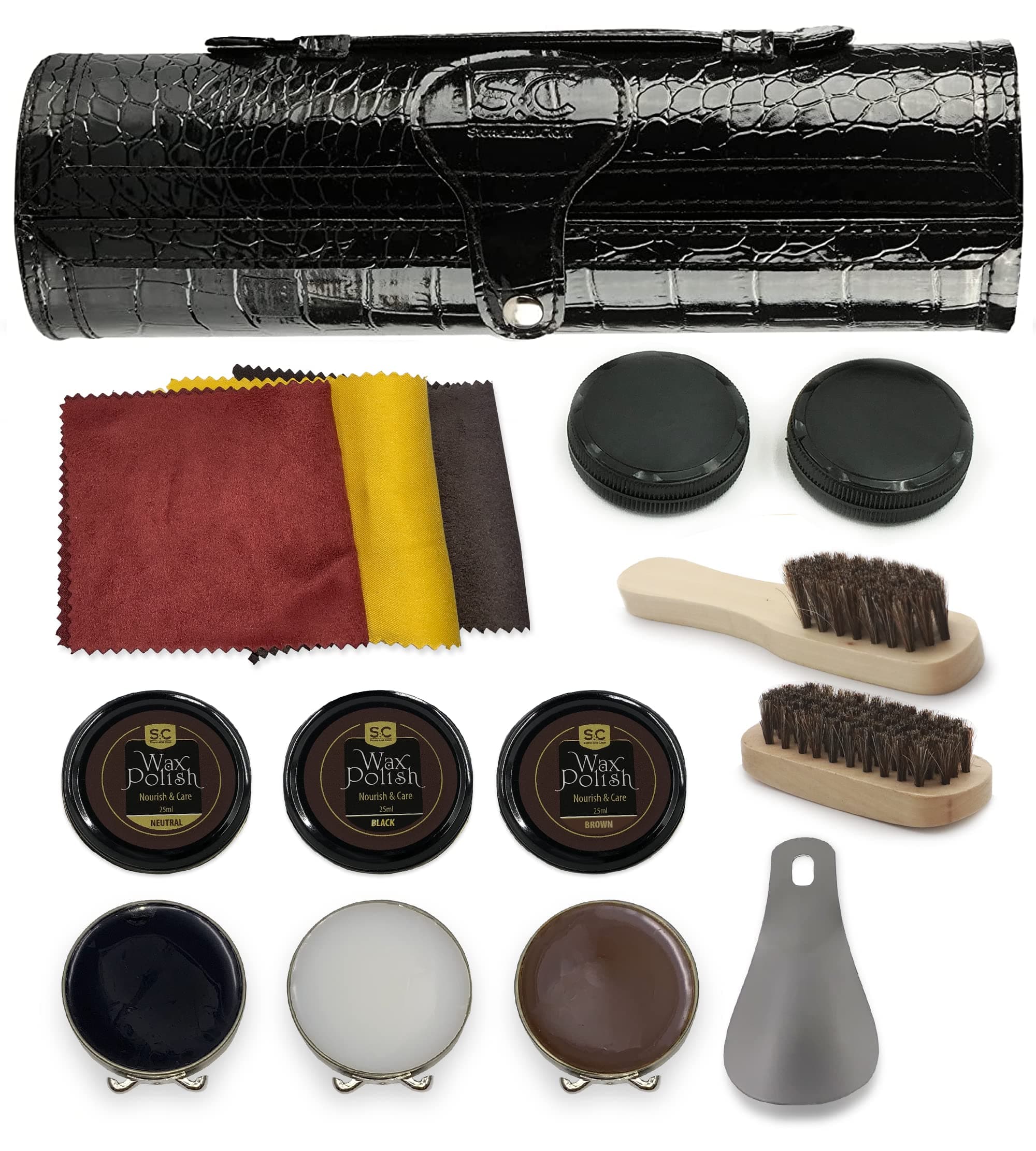 Stone & Clark 12PC Shoe Polish & Care Kit, Leather Shoe Shine Kit with Brown Wax, Shoe Brushes for Polishing, Shine Cloth & Shoe Horn, Compact Shoe Cleaning Kit
