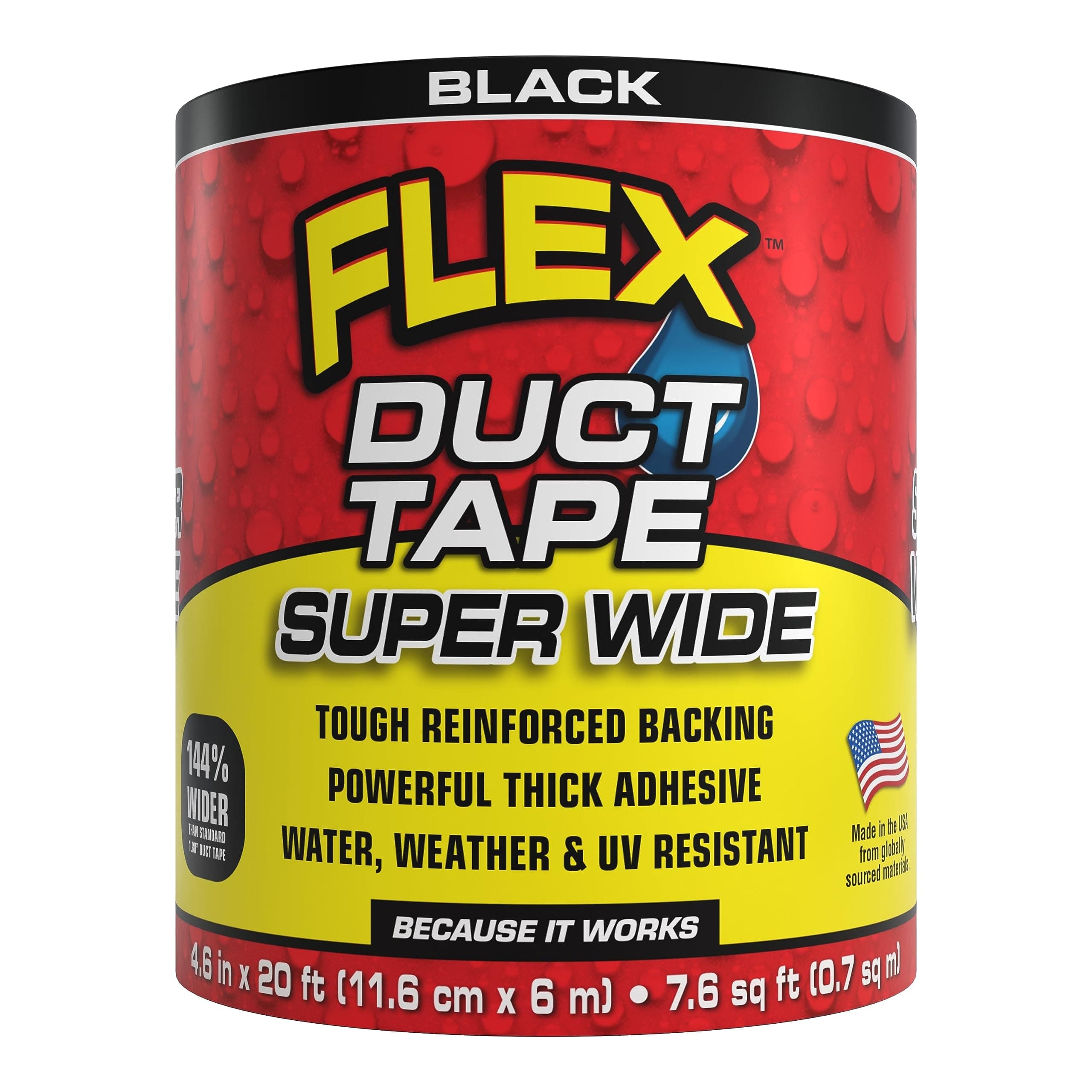 Flex SealDuct Tape, Super Wide, 4.6 Inches x 20 Feet, Black, Heavy Duty Strong, Multi-Surface, Water, Weather and UV Resistant, Tearable, Perfect for Boxes, No Residue