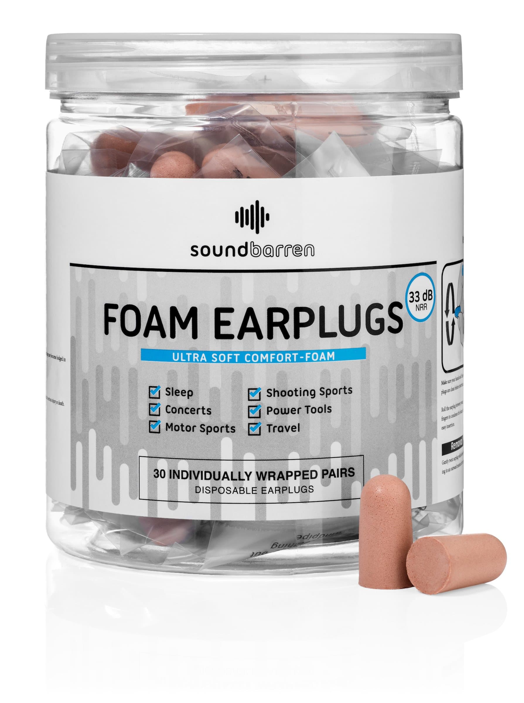 SoundBarren Foam Earplugs, 30 Pairs, Ultra Soft Individually Wrapped with Highest Level of Hearing Protection | Comfortable Sound Blocking for Sleeping, Shooting, Snoring, Construction & Concerts