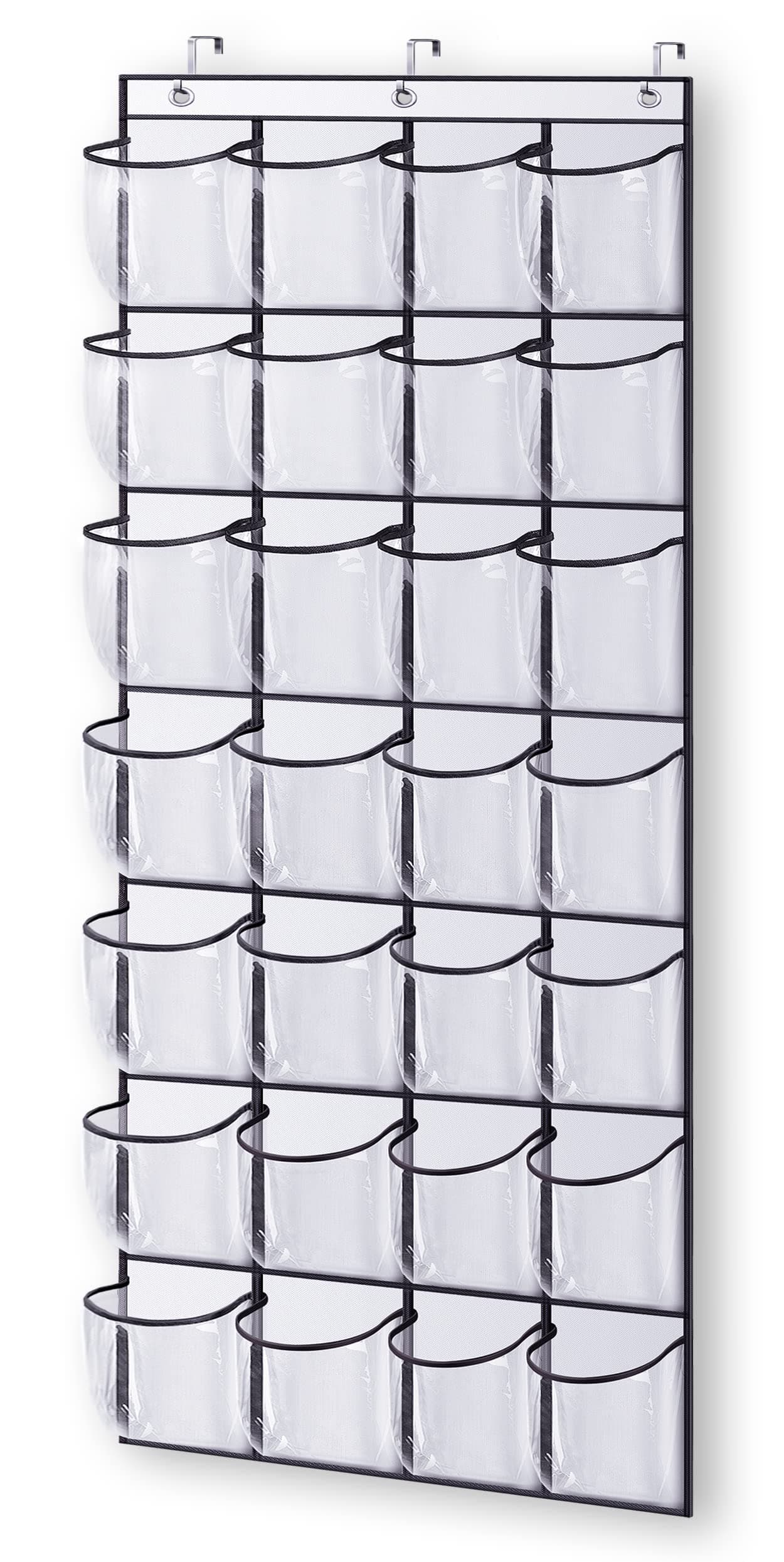 28 Large Clear Over The Door Shoe Rack with Crystal Pockets Hanging Shoe Organizer Storage Shoe Holder for Closet Hanger, White