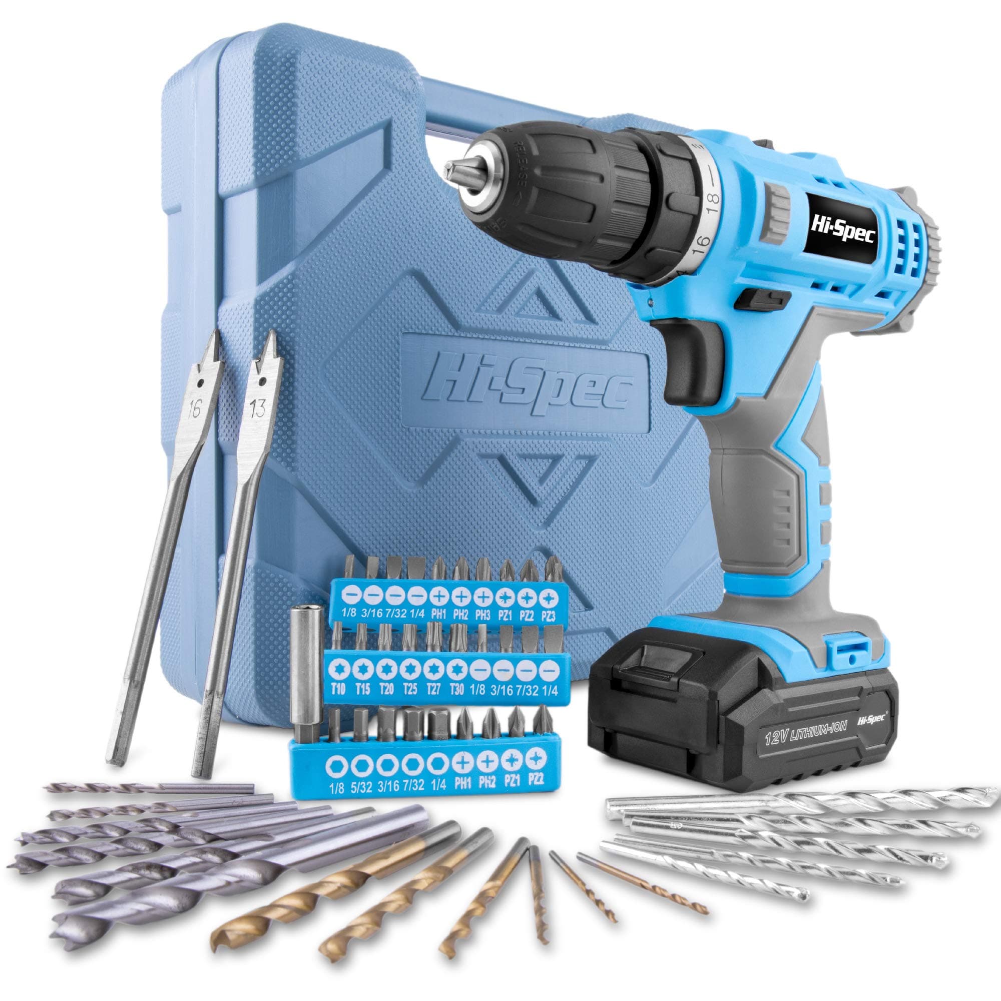 Hi-Spec Cordless Drill Set 50pc 12V Electric Power Driver in a Toolbox Case. Includes Rechargeable Battery, Power Screwdriver Bits, Wood, Metal, and Masonry Drill Bit Set Accessories