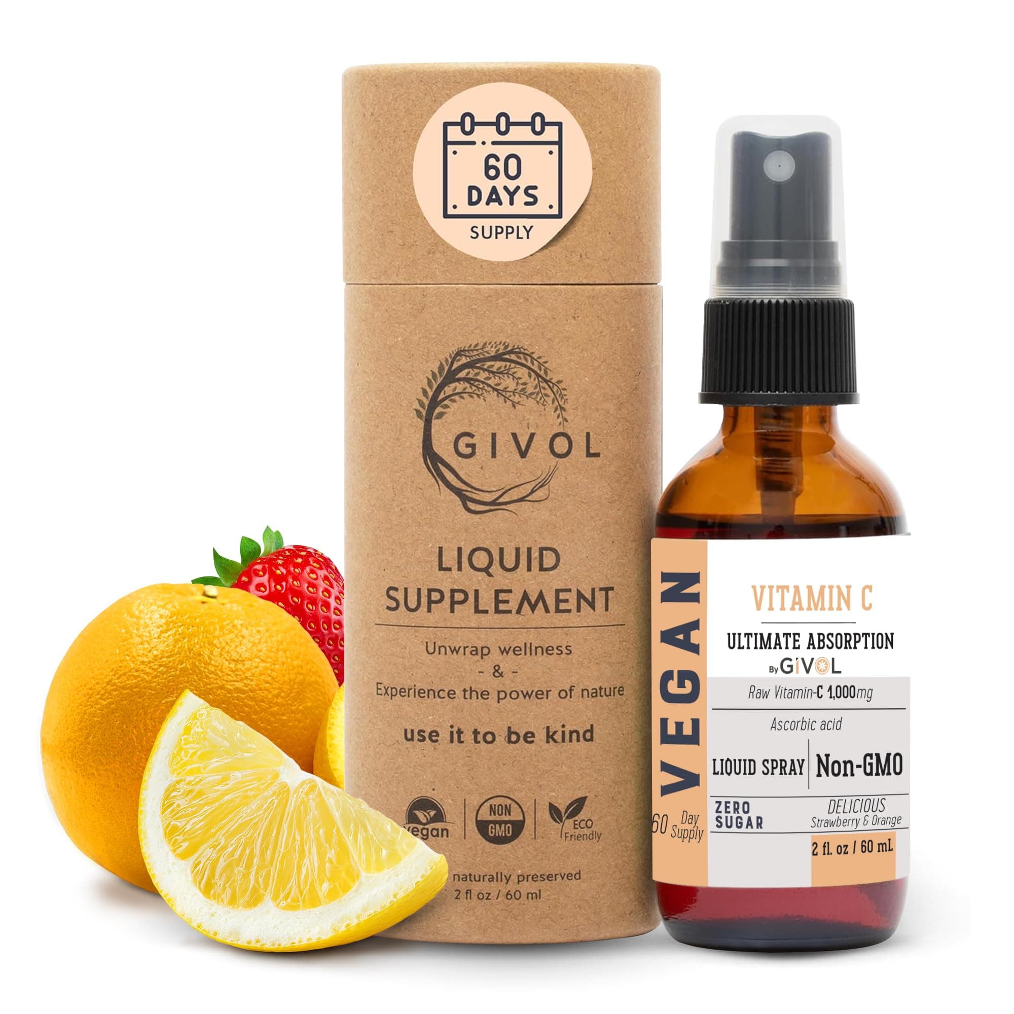 Vitamin C Spray: Daily Absorption Liquid Extract with Lemon, Orange, Strawberry, Rich in Ascorbic Acid, 2oz (60ml) 60 Day Supply