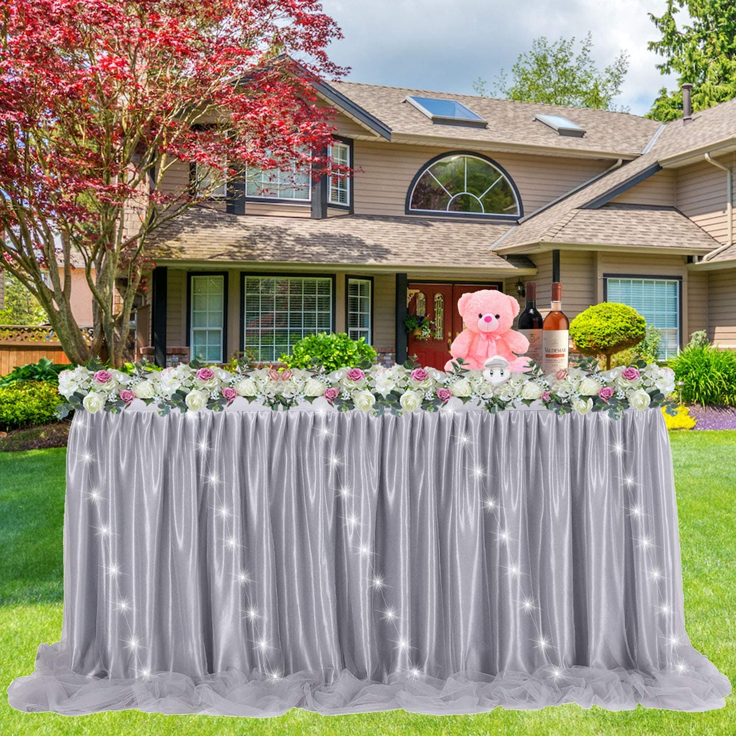 leegleriLED Table Skirt Gray Tulle Table Skirt Tutu Table Cloth Skirting for Rectangle or Round Table for Baby Shower Wedding and Birthday Winter Party Decoration (L 6(ft)xH 30in Table Skirt)