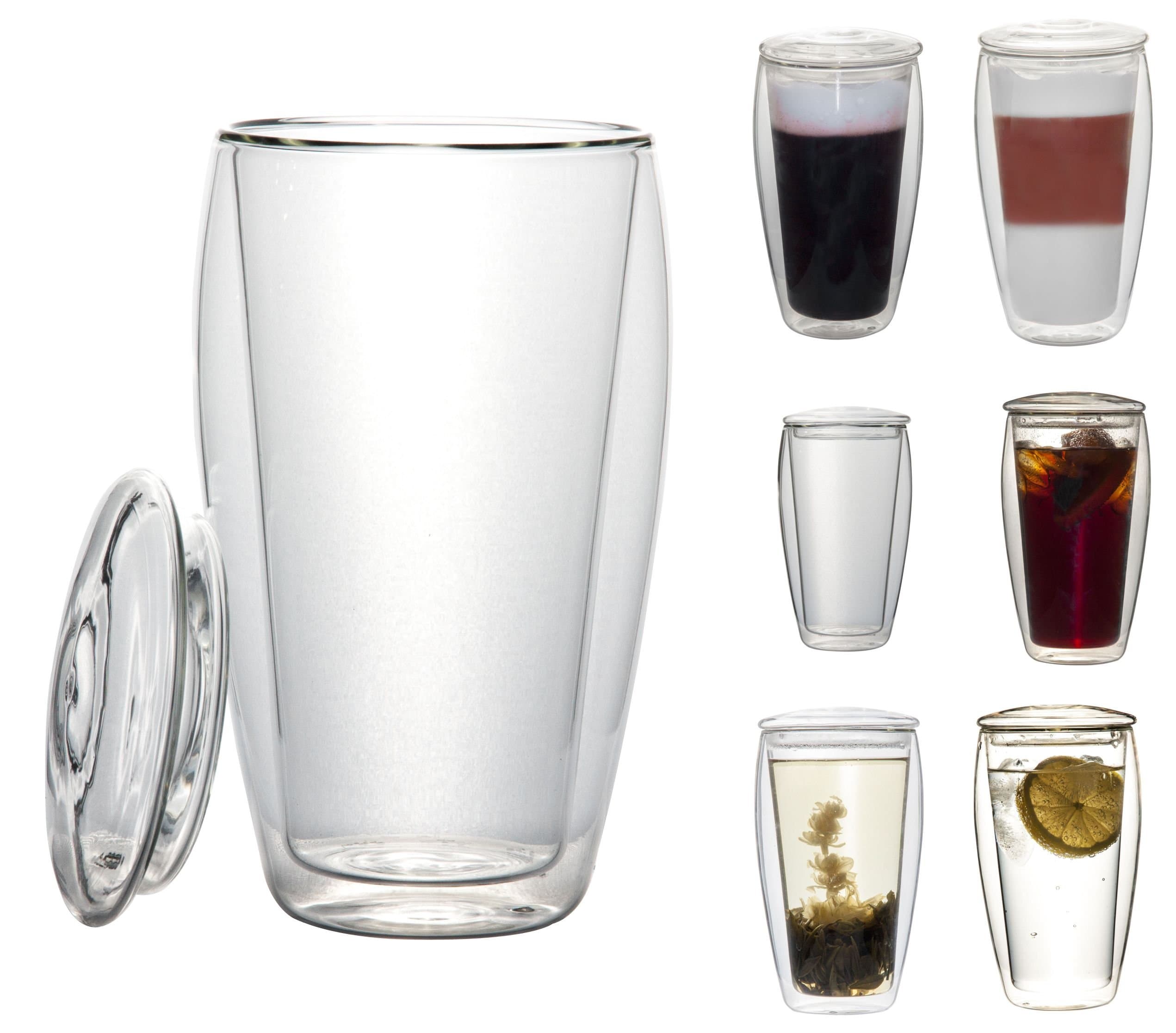 Feelino Glass Tea Cup with Lid, 400ml Tea Infuser Mug, 1x Double Walled Glass Tea Mug with Lid, Dishwasher-Safe Tea Glass Cups for Tea, Insulated Coffee Cup, Floating Effect, Glass Tea Cup and Saucer