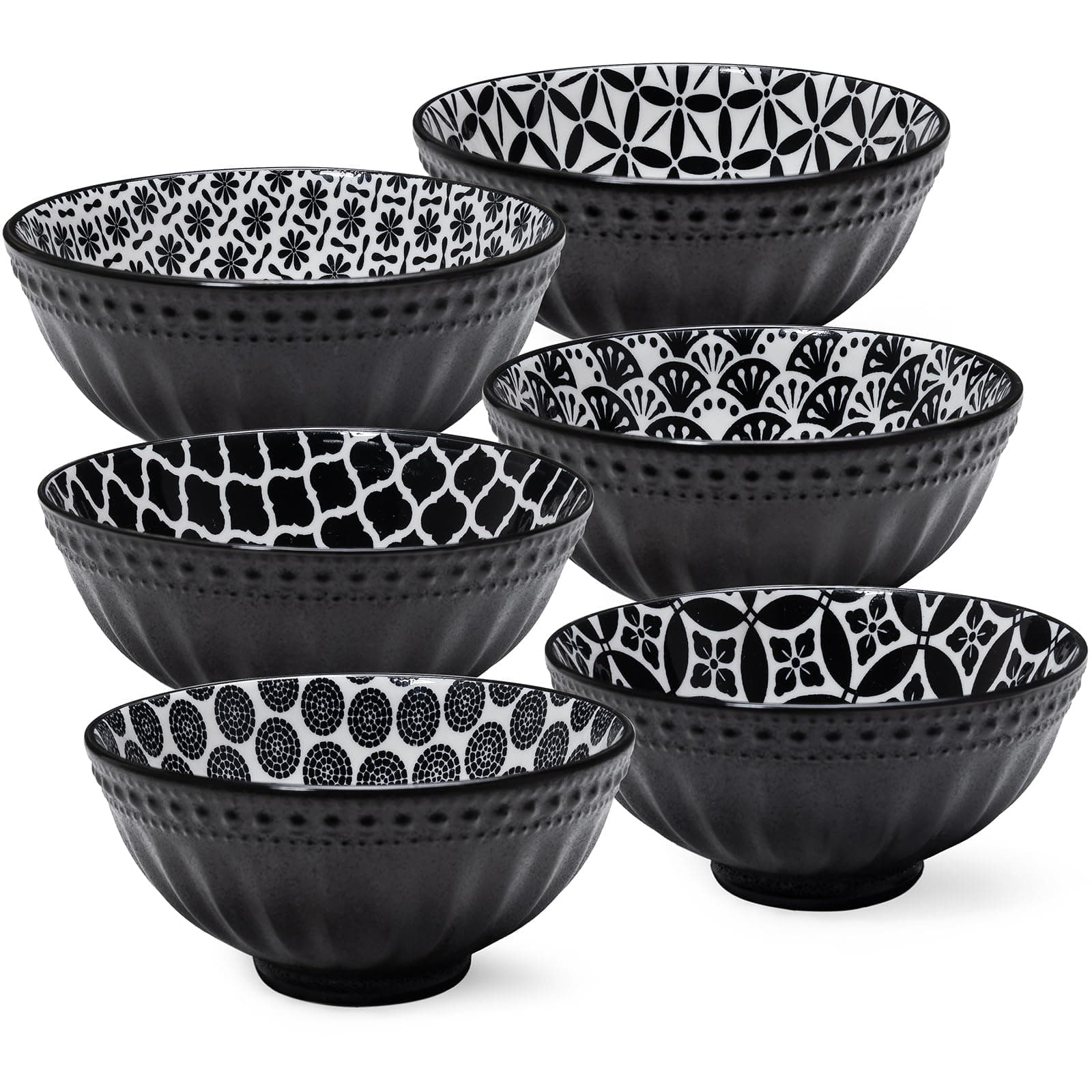 LEHAHA Ceramic 23 oz Cereal Bowls, Porcelain Matte Black Bowls for Kitchen, 6-inch Black and White Salad Bowls Set for Salad, Pasta, Dishwasher and Microwave Safe, Bowls Set of 6