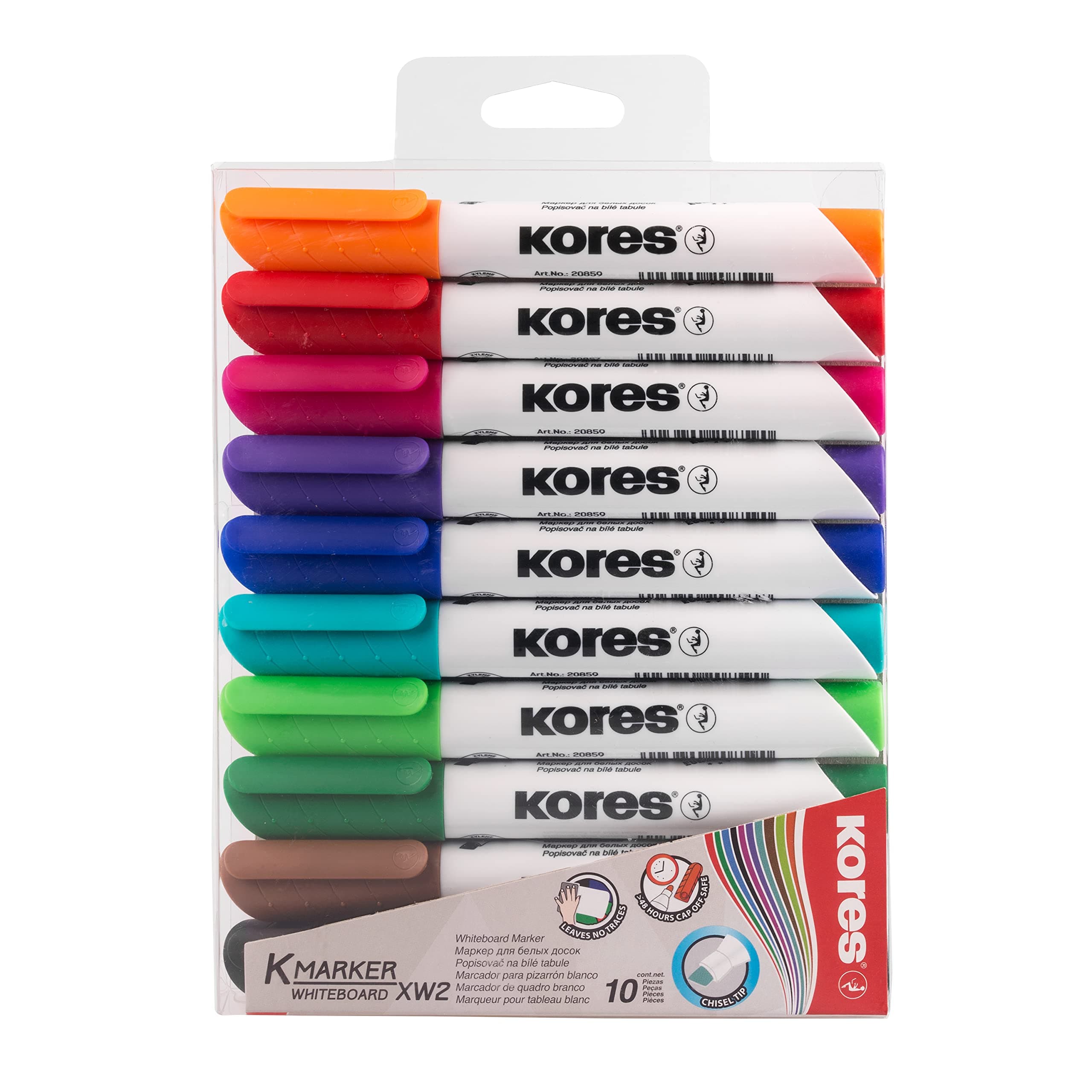 Kores - Coloured Whiteboard Marker Pens - K-Marker XW2, Chisel Tip with Low-Odour Ink - Dry Wipe Marker Pens - Back to School Supplies, Office Supplies - Pack of 10 Assorted Colours