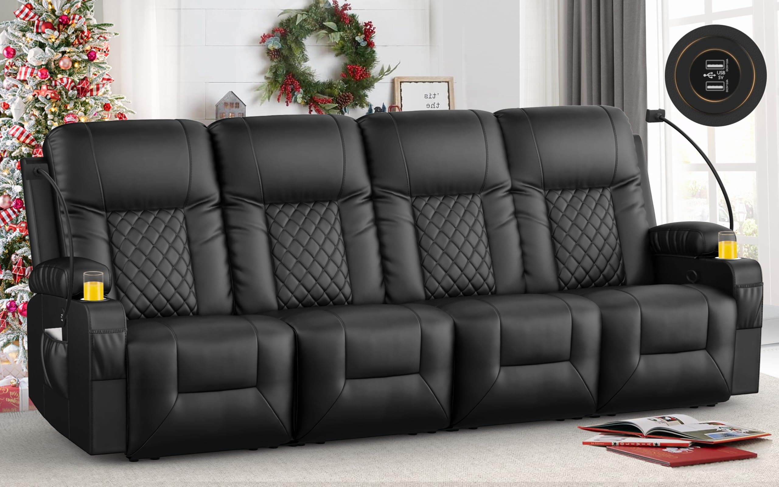 FURNIMAT Oversized Recliner Sofa, 4 Seats Dual Reclining Sofa, PU Leather Loveseat Couch, Modern Recliner Chair for Living Room, with Cup Holder and 2 Cell Phone Holders, USB Ports, Black