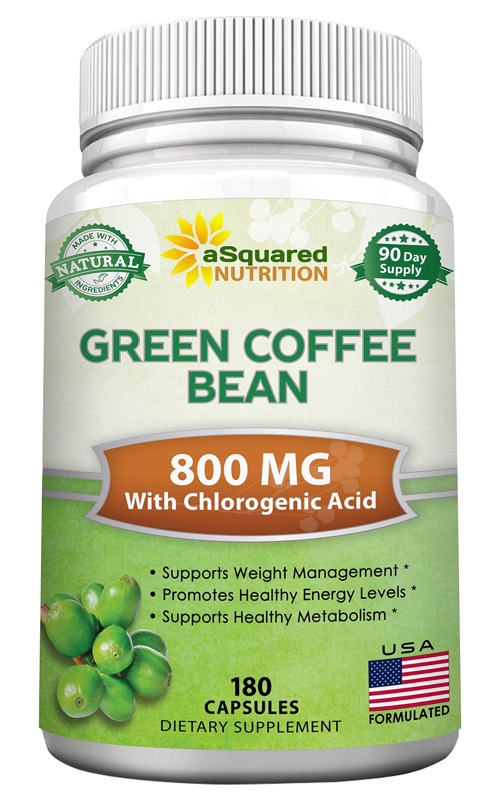 aSquared Nutrition Natural Green Coffee Bean Formula-180 Capsules-Max Strength GCA Antioxidant Cleanse for Pure Weight Loss, 800mg per Pill-Chlorogenic Acid-1600mg Daily Supplement, Healthy Fat Burner