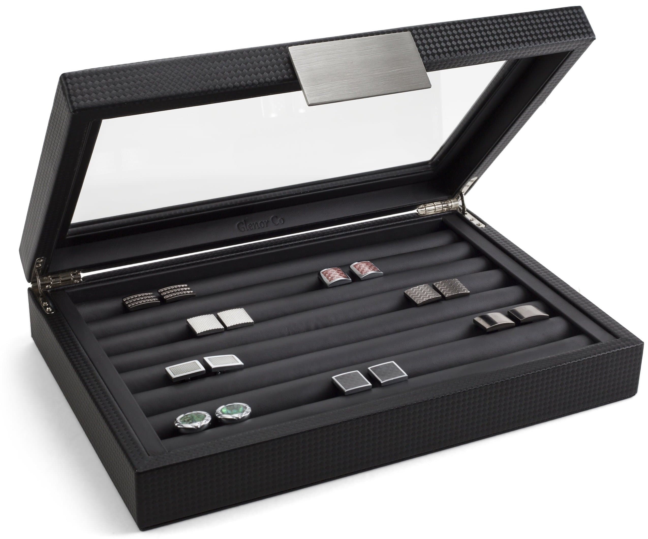 Cufflink Box for Men - Holds 70 Cufflinks - Luxury Display Jewelry Case Design - Metal Buckle Holder, Large Glass Top