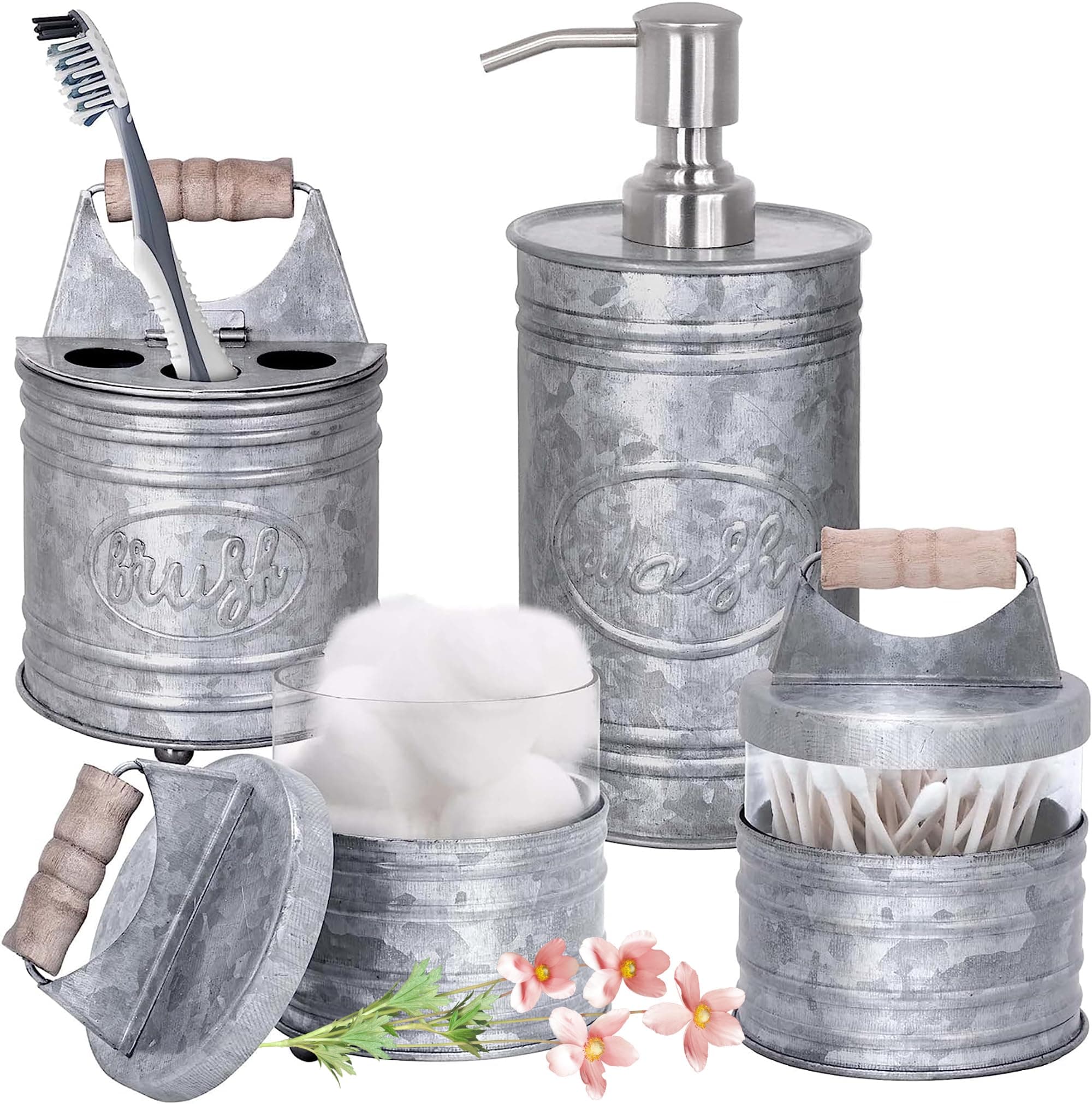Autumn Alley Rustic Bathroom Accessories Set 4 - Galvanized Soap Dispenser, Rustic Toothbrush Holder, 2 Apothecary Jars Qtip Holder - Western Bathroom Decor – Farmhouse Bathroom Decor Accessories