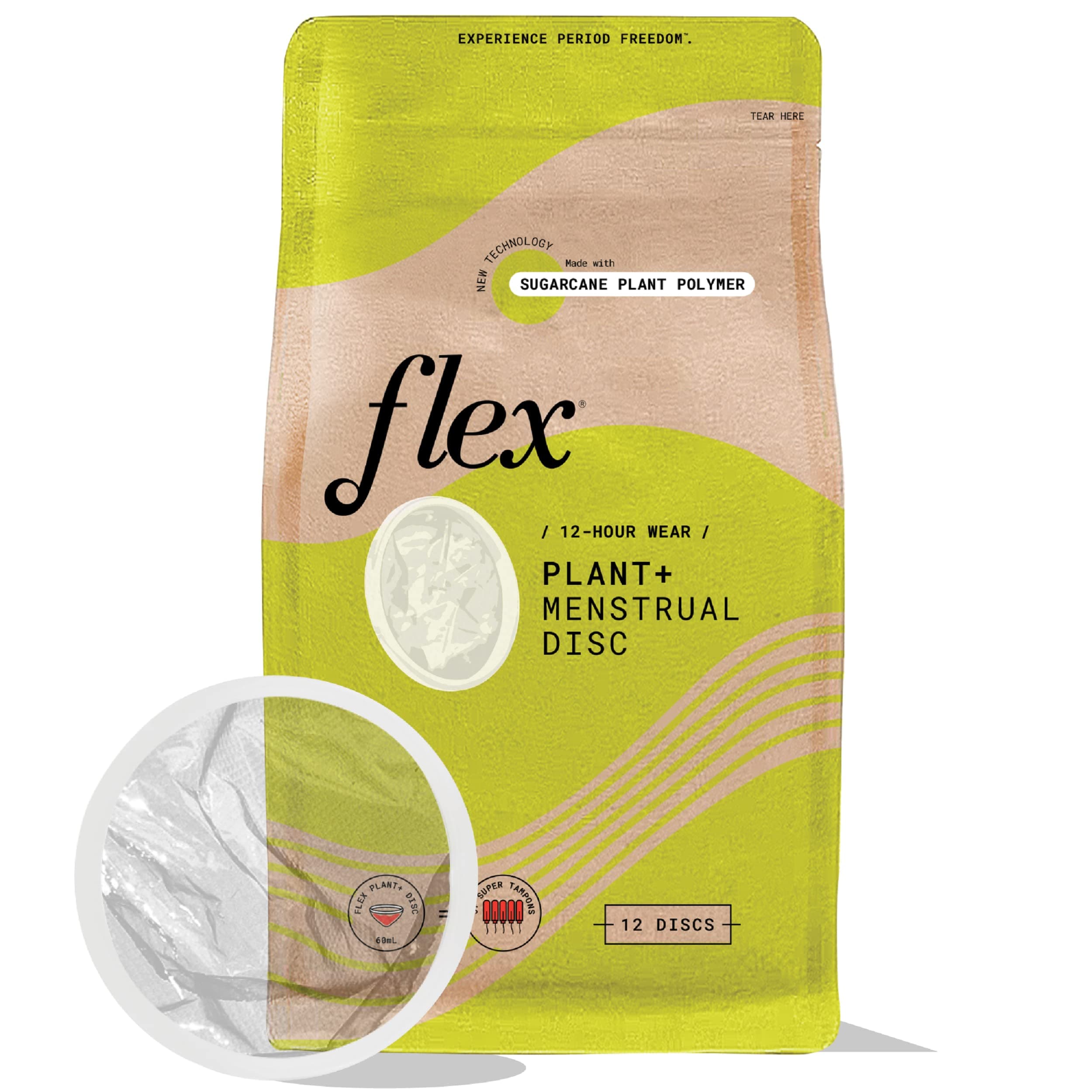 Flex Plant Plus Disc | Plant-Based Disposable Period Discs Tampon And Cup Alternative Capacity Of 5 Super Tampons Menstrual Made With Sustainable Medical-Grade Polymers 12 Count