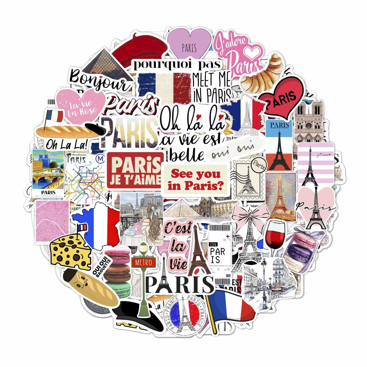 BulbaCraft 100Pcs Paris Sticker, French Stickers, Eiffel Tower Laptop Decals, Scrapbook & Water Bottles, Paris Party Supplies, Gifts for Women & Men