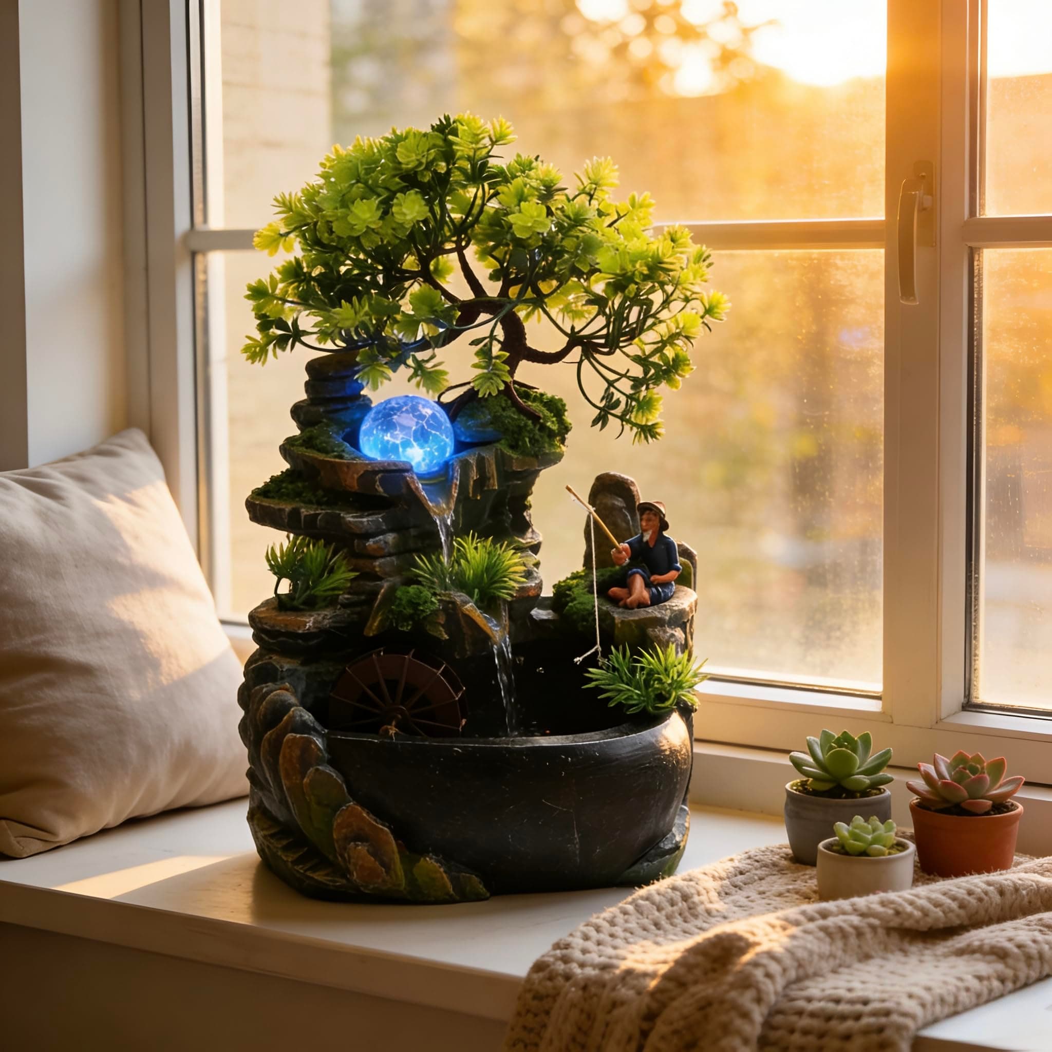 11.81in Tabletop Waterfall Bonsai Desktop Rockery Fountain Indoor Mini Rockery Water Fountain with Automatic Pump and LED Light, Home Office Bedroom Humidifier Desk Decorater（No Atomizer）