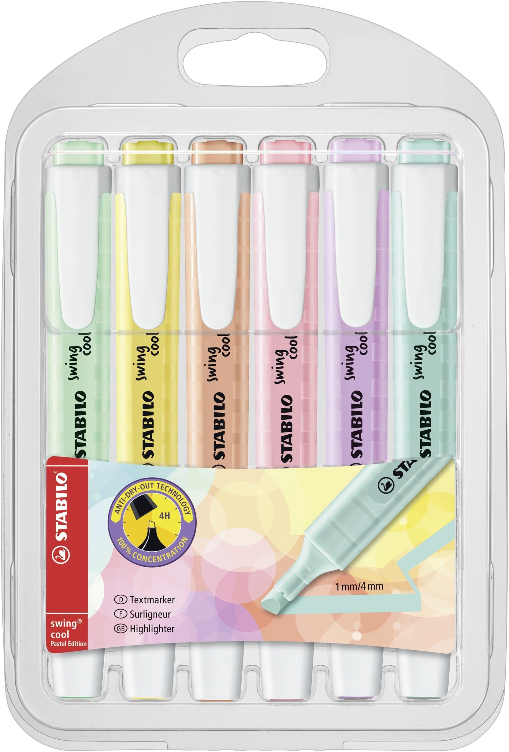 STABILO Highlighter swing cool Pastel - Pack of 6 - Assorted Colors, Portable, Clip Closure, Office + School Supplies