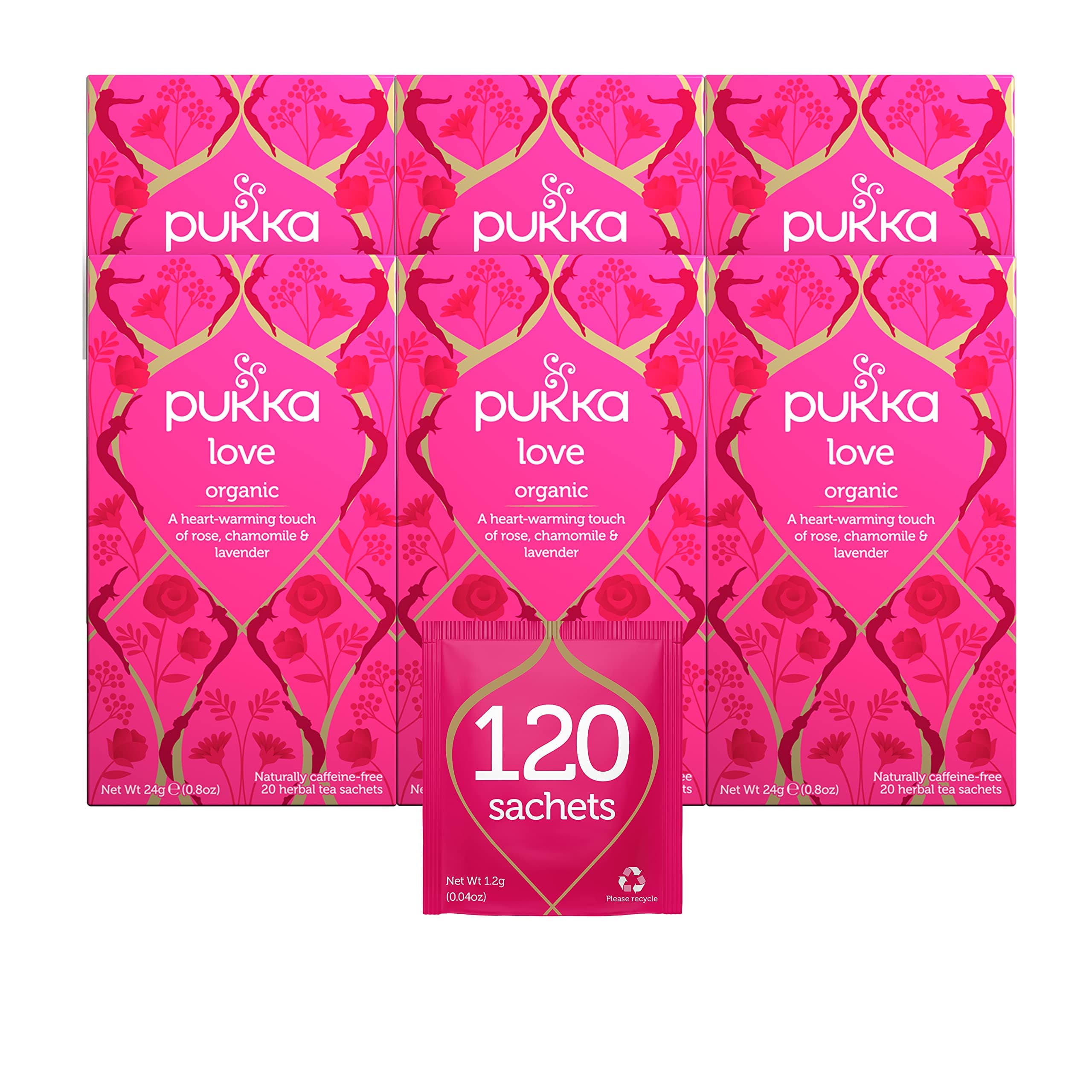 Pukka Organic Tea Bags Gift Set, Love Herbal Tea with Chamomile, Rose and Lavender, 20 Count (Pack of 6) 120 Tea Bags