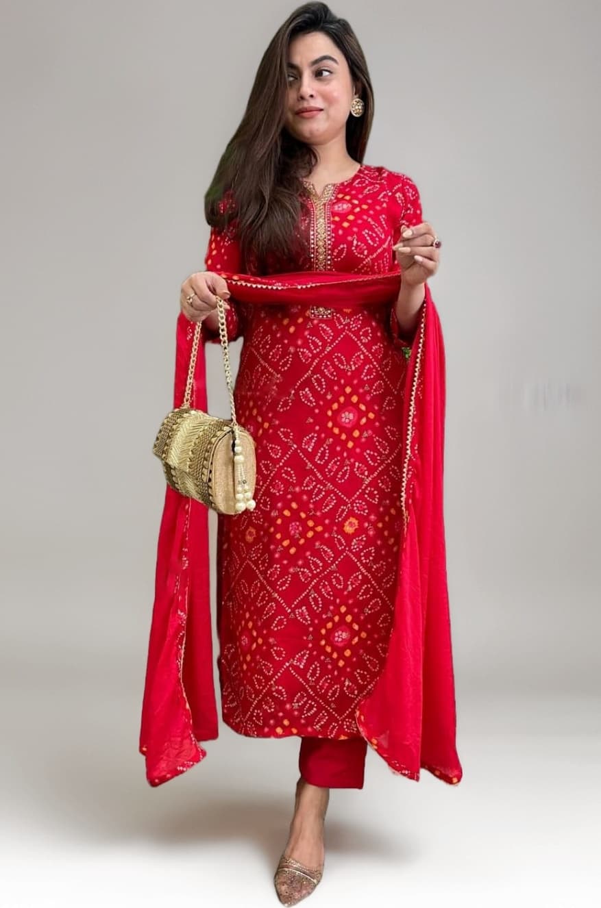 Women's Rayon Blend Straight Bandhej Printed Kurta with Pant & Dupatta