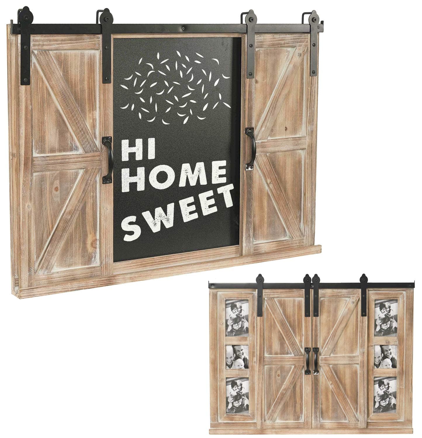 Rustic Wooden Chalkboard with Barn Door and 4x6 Photo Picture Frame Wall-Mounted for Kitchen Living Room Bedroom Foyer Entryway Decor