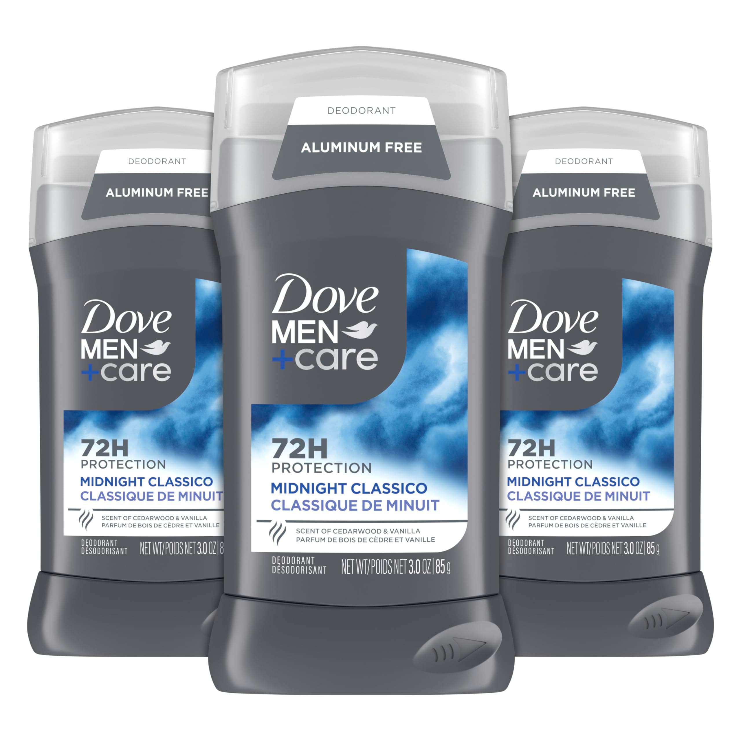 Dove Men+Care Deodorant Stick for Men Midnight Classico 3 Count Aluminum Free 72-Hour Odor Protection Mens Deodorant With Essential Oils & 1/4 Moisturizing Cream 3oz