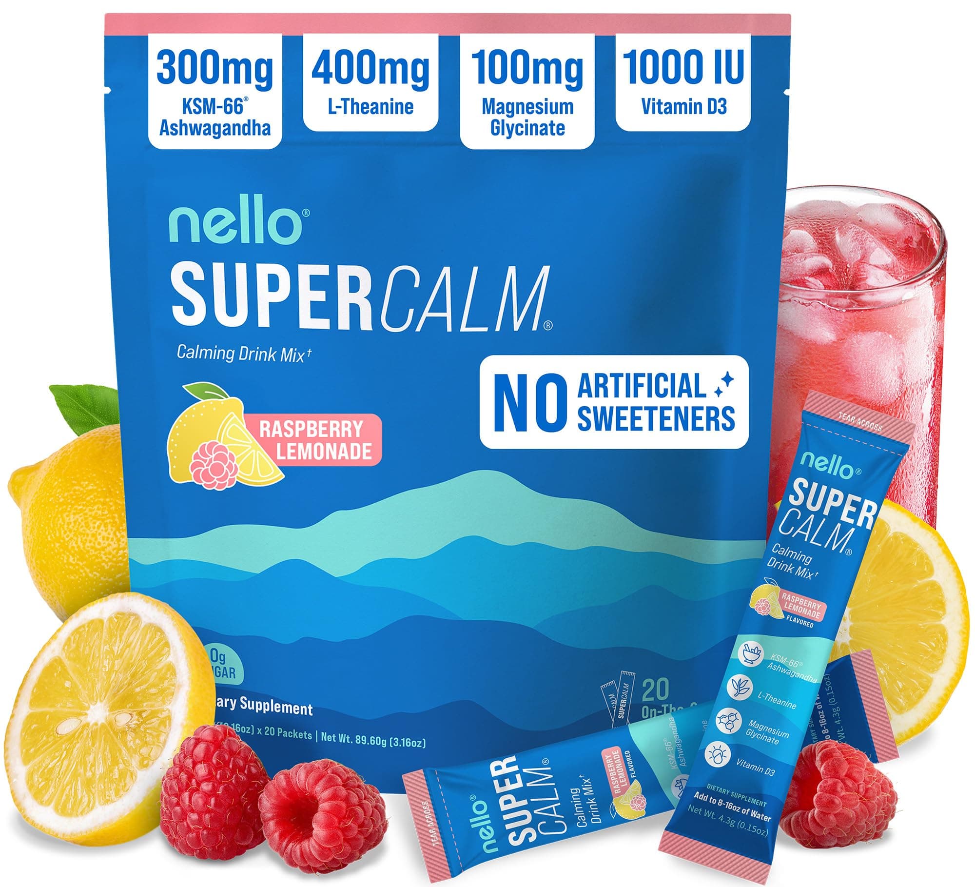 Nello Supercalm Powdered Drink Mix, Cortisol Reducer and Sleep Aid Supplement, L Theanine, Ksm-66 Ashwagandha, Magnesium Glycinate, Vitamin D 3, No Sugar, Non GMO, On The Go, 20 Ct, Raspberry Lemonade