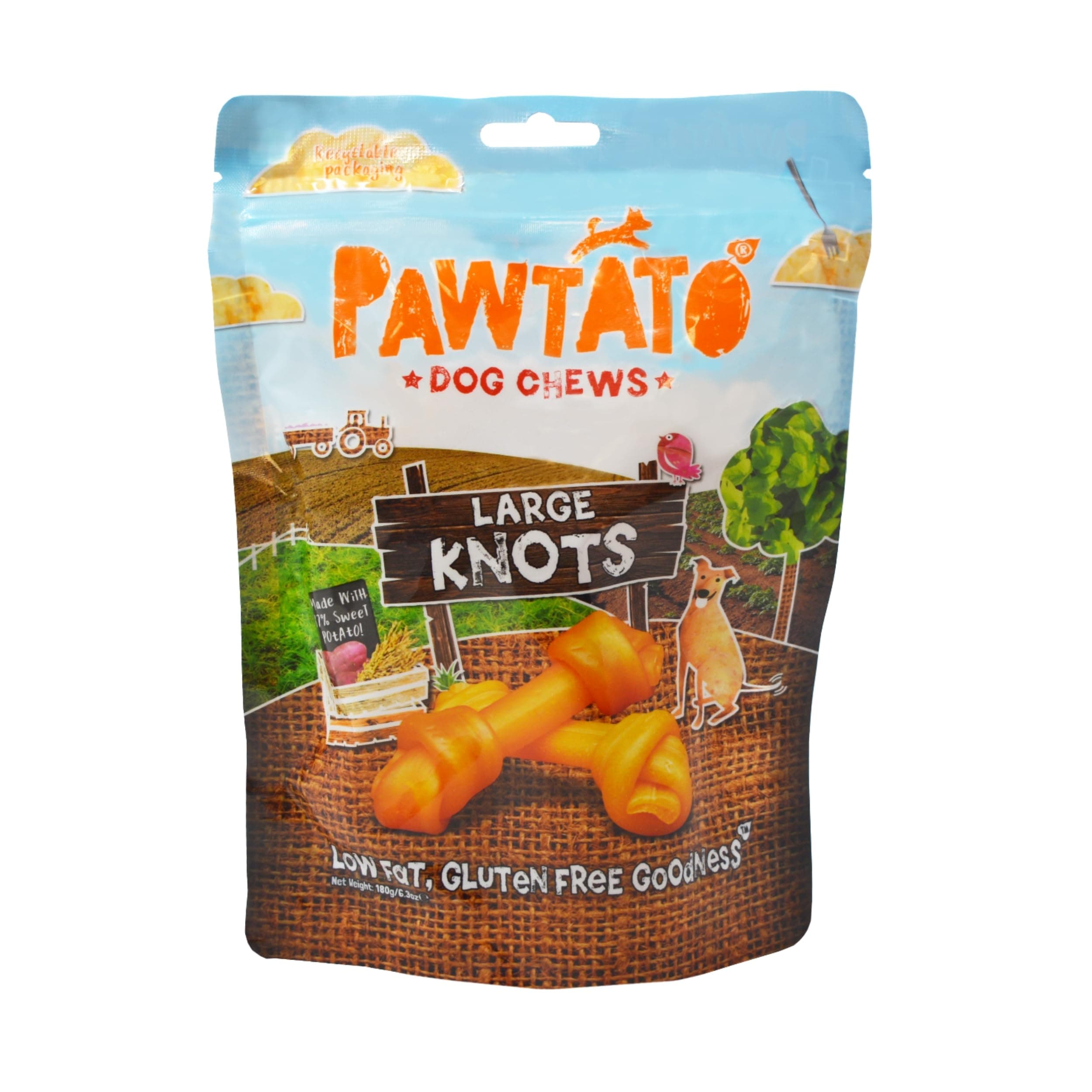 Pawtato Knots Large 180g- Treats for Medium to Large Breed Dogs, Adult, Stick