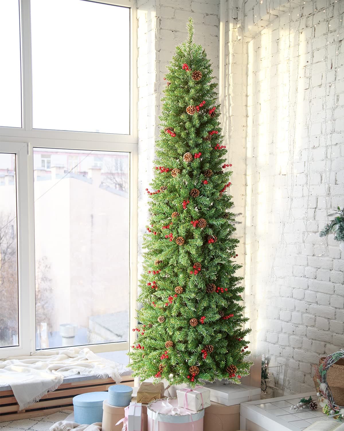 6.5FT Prelit Slim Christmas Tree Pine Tree Decorated with 250 Clear Lights, Pine Cone and Red Berries for Festive Holiday Decor