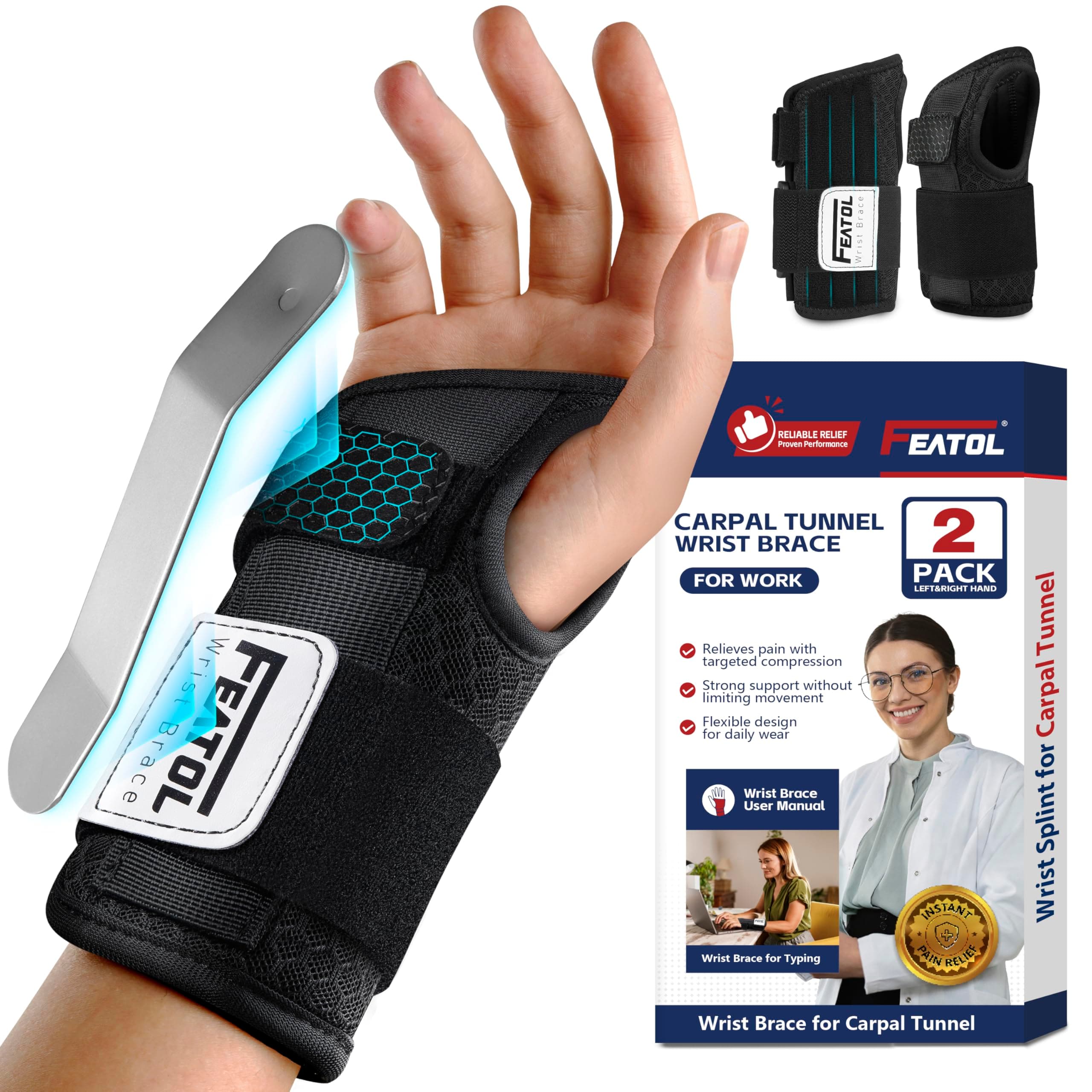 FEATOL 2 Pack Carpal Tunnel Wrist Brace For Work With Wrist Splint, 6.5'' Wrist Brace Night Support For Women Men, Pain Relief For Tendonitis, Arthritis, Pregnancy, Typing, Right and Left Hand, Medium