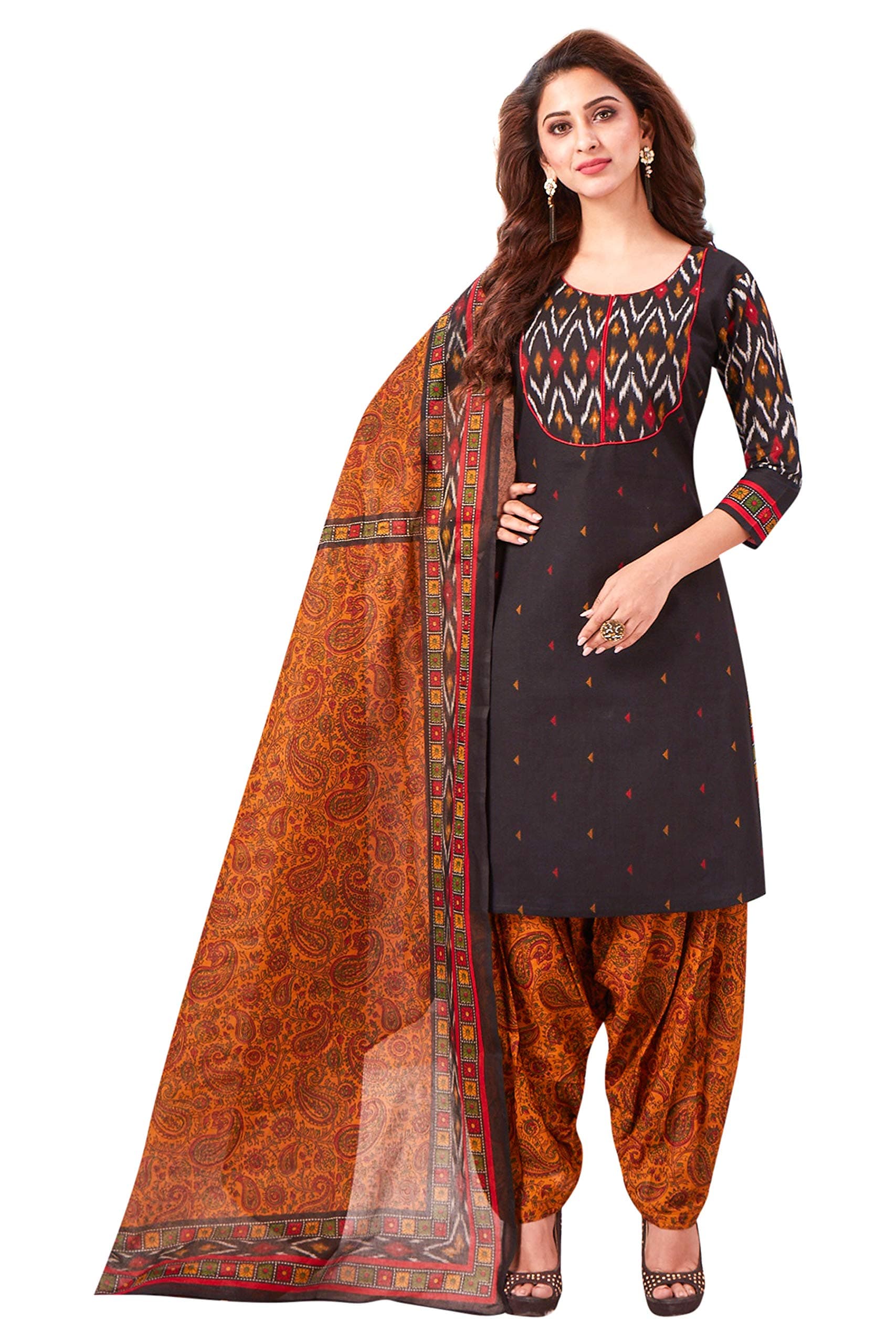 Jevi PrintsWomen's Cotton Printed Straight Readymade Stitched Patiala Kurta Dupatta