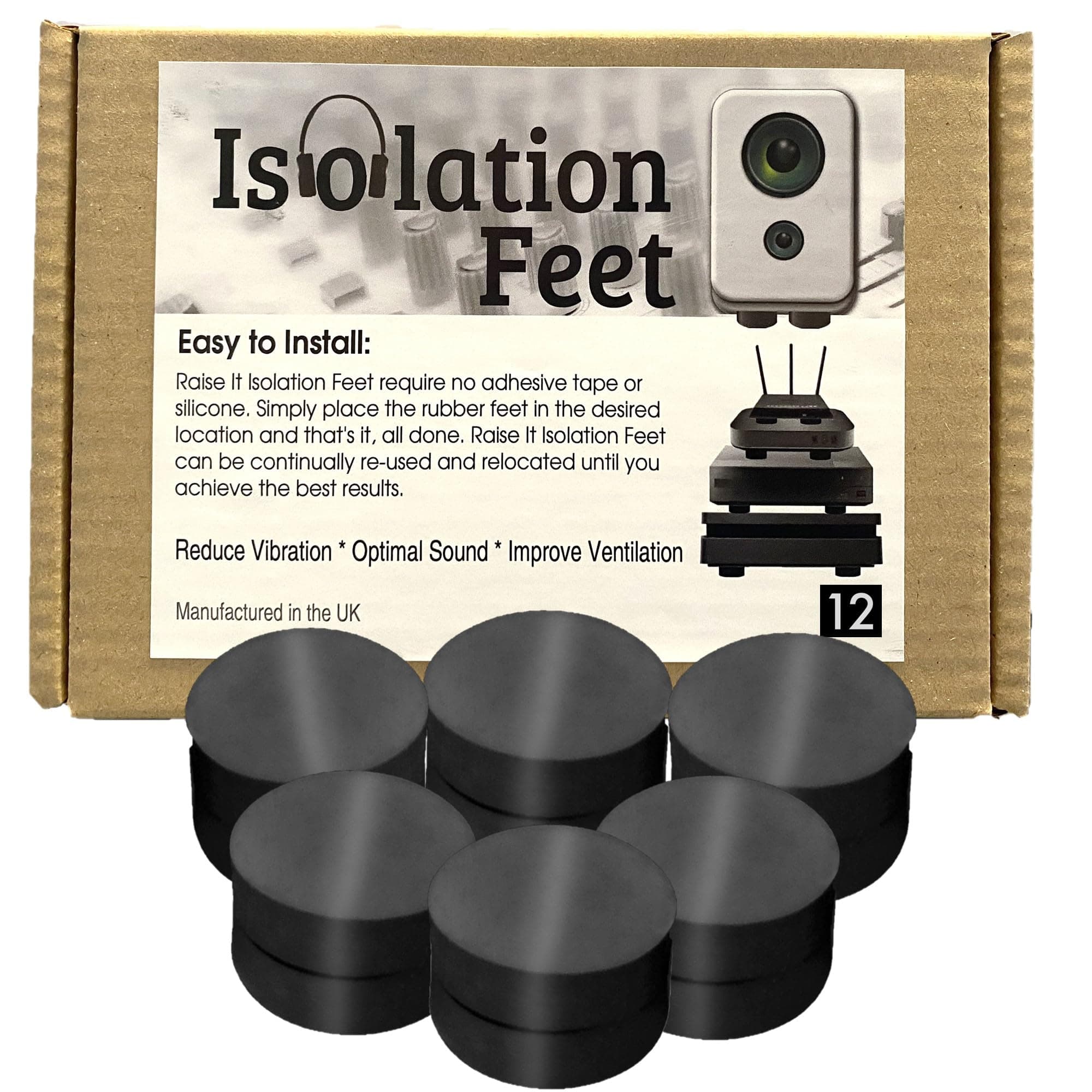 Raise It Isolation Feet for Speaker Vibration/Ventilation and Cooling for Consoles PS4, PS5, Xbox, PC, DVD Player, Internet Router/Universal Fit/Non-Slip / 12 Pack