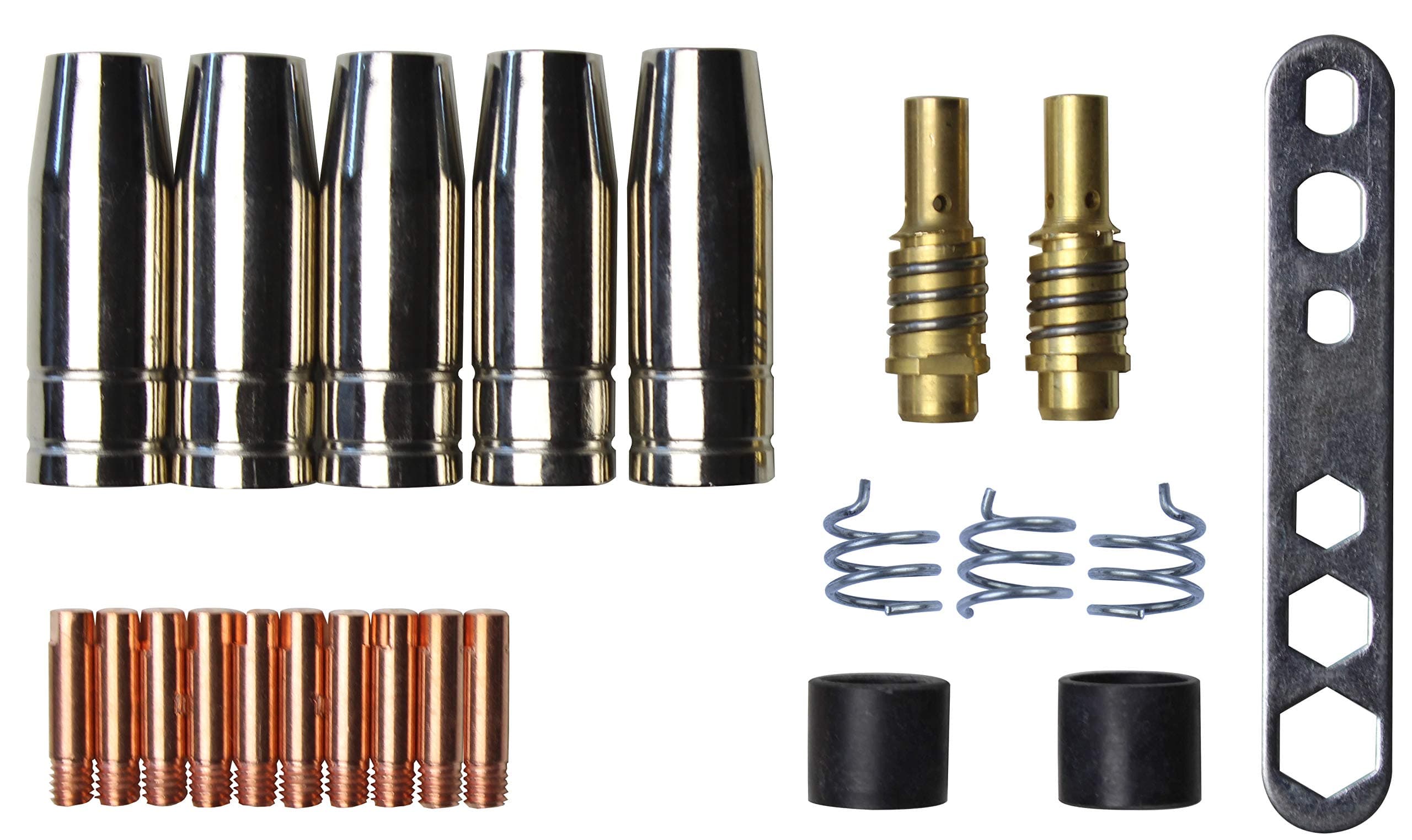 MIG/MAG Welding Parts Set Suitable for MB15, 20-Piece Set, 5x Gas Nozzle, 2x Nozzle Fitting, 10x Power Nozzle M6 0.8 mm, 2x Isolator, 1x Tool, SB 150, TBI 150 and Many Similar Models