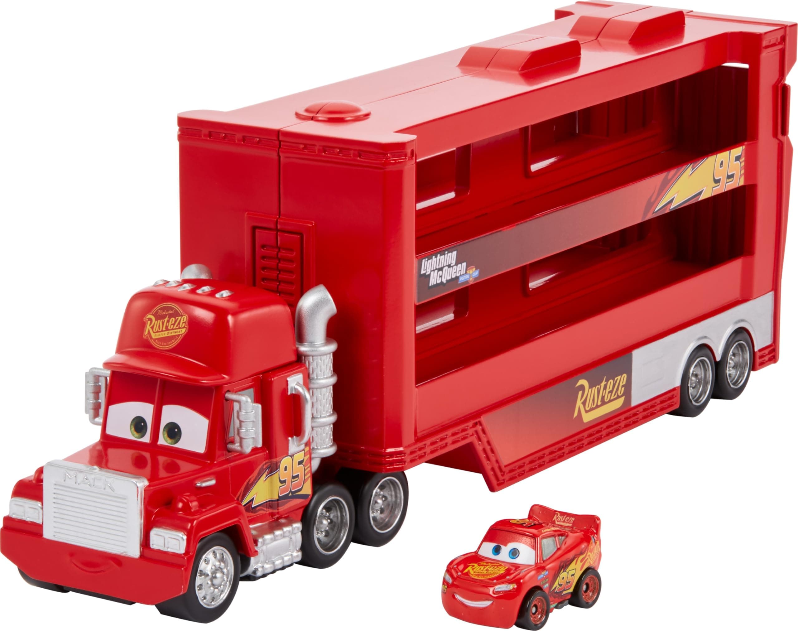 Disney and Pixar Cars Toy Transporter, Large-Scale Truck, Mack Hauler Holds 18 Miniatures & Includes 1 Metal Lightning McQueen, Play & Display