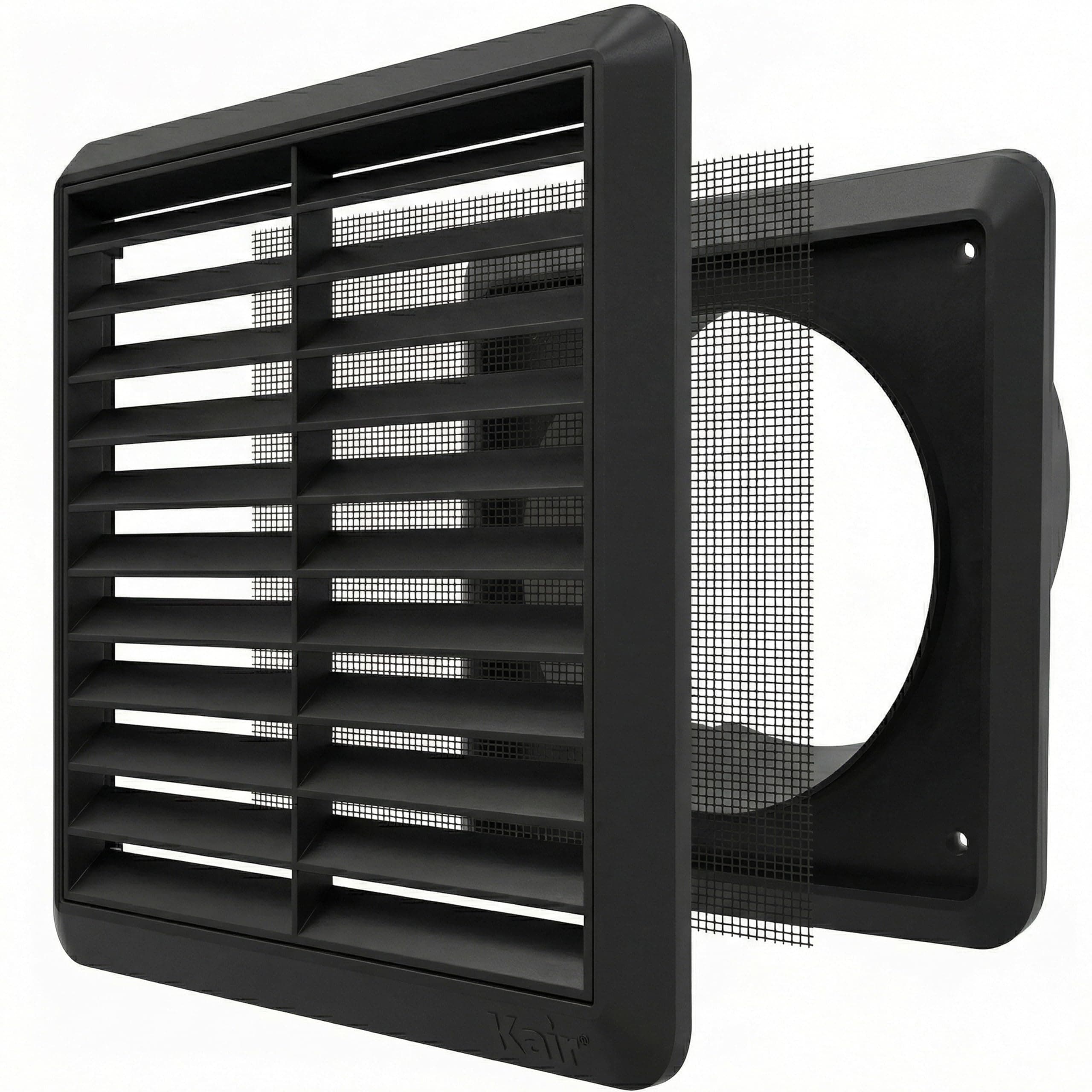 Kair Black 100mm Louvred Wall Vent Grille with Flyscreen - 99.5mm / 4 Inch Round Rear Spigot & 155mm Front Cover