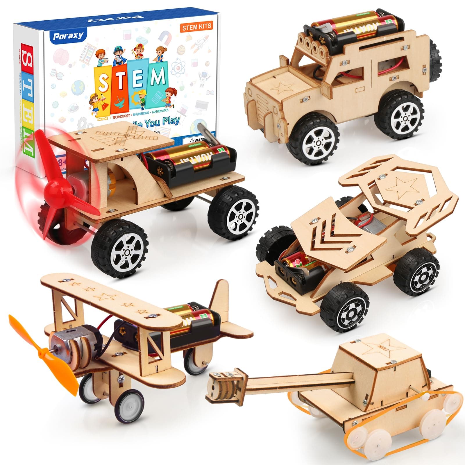 Poraxy 5 in 1 STEM Kits for Kids Age 8-10, Science Building Project Craft for 8-13, Model Car Kit, STEM Toys for Boys Girls Age 8-12, Wooden 3D Puzzles, Birthday Gifts for 6 7 8 9 10 11 12 13 Year Old