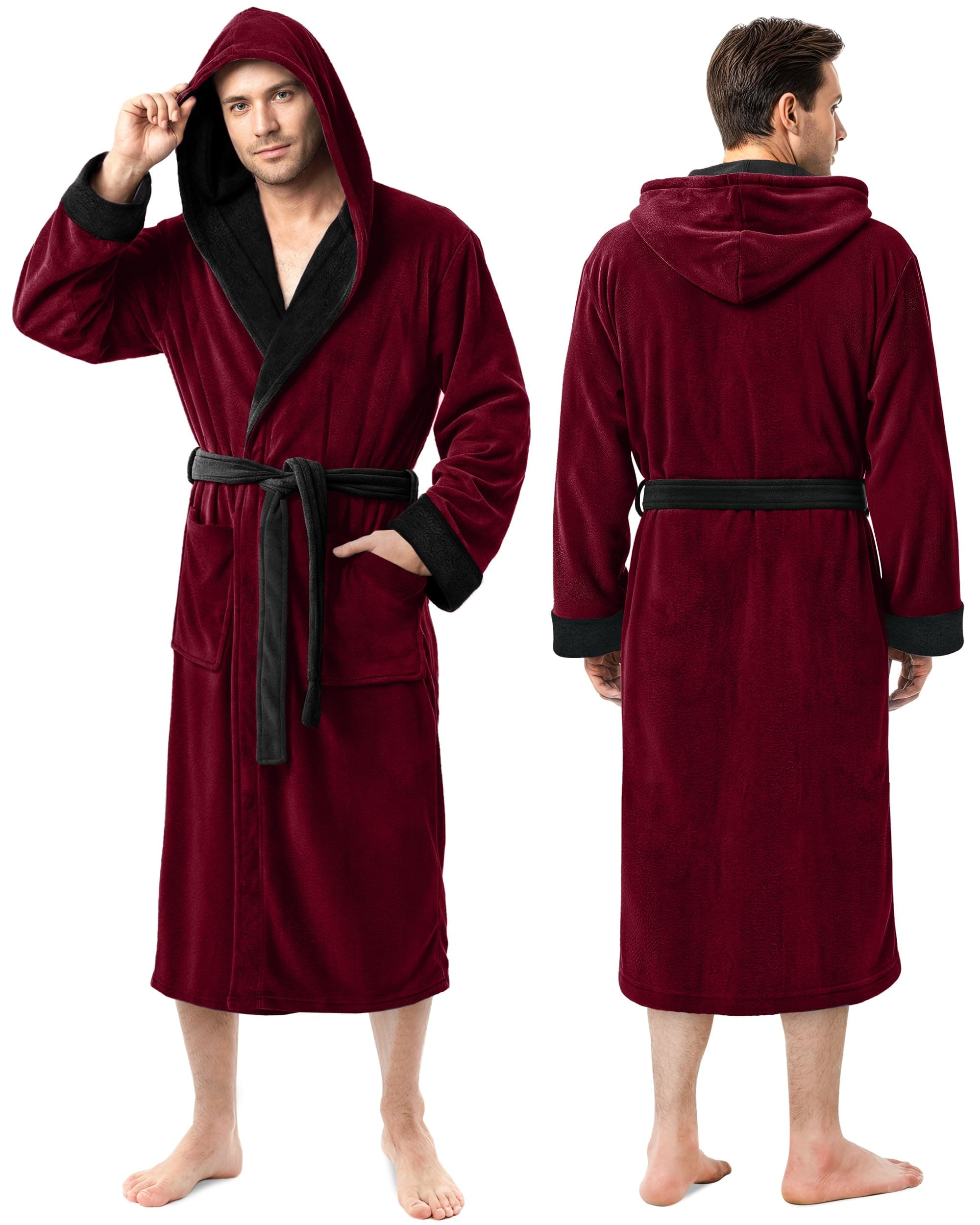 Mens Robe with Hood, Luxury Plush Fleece Hooded Mens Bathrobe, Spa Bath Robe for Men