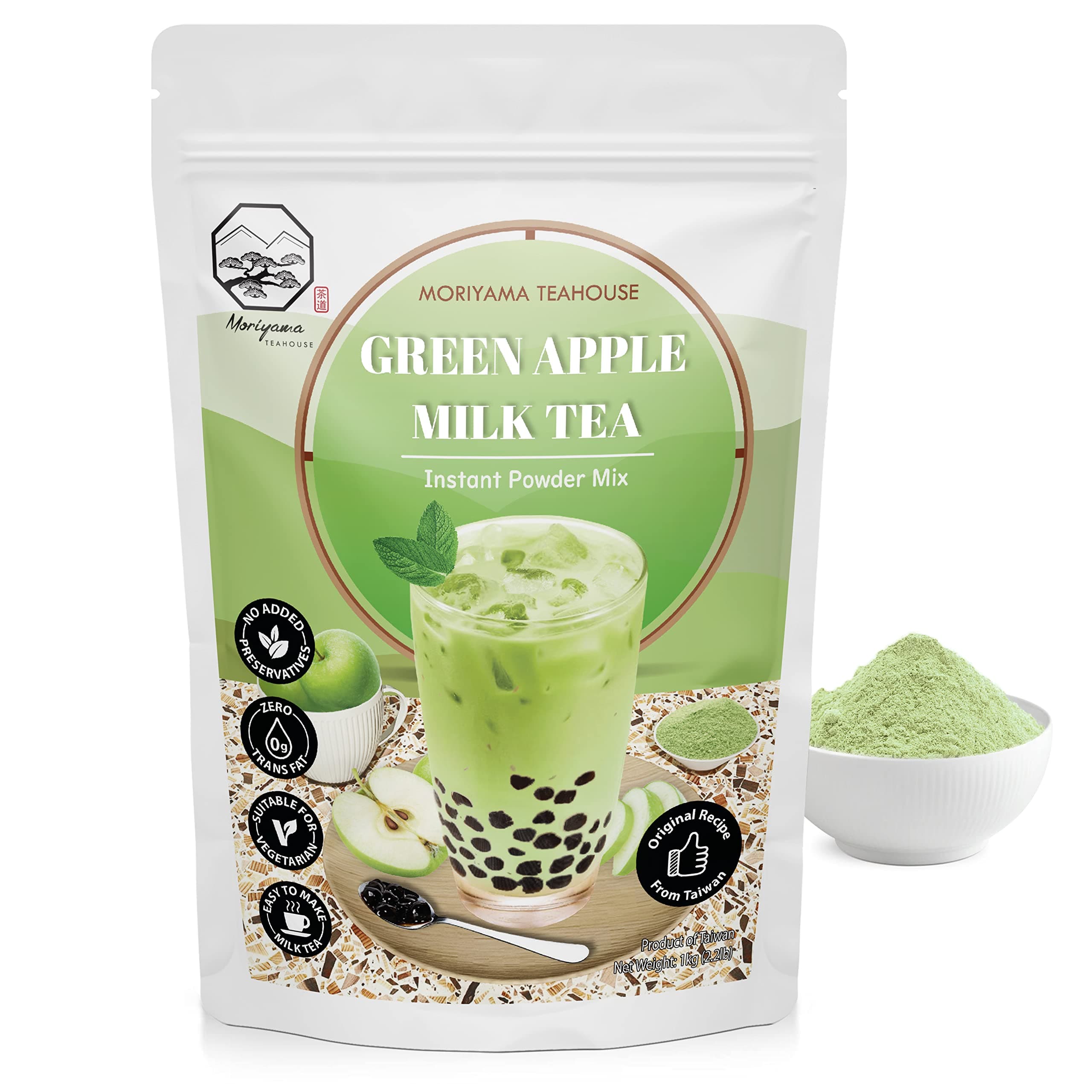 Green Apple Bubble Milk Tea Instant 3in1 Powder Mix - 1kg (33 Drinks) | For Boba Tea, Milkshake, Blended Frappe and Bakery | Authentic Taiwan Recipe | 0 Trans Fat No Preservatives by Moriyama Teahouse