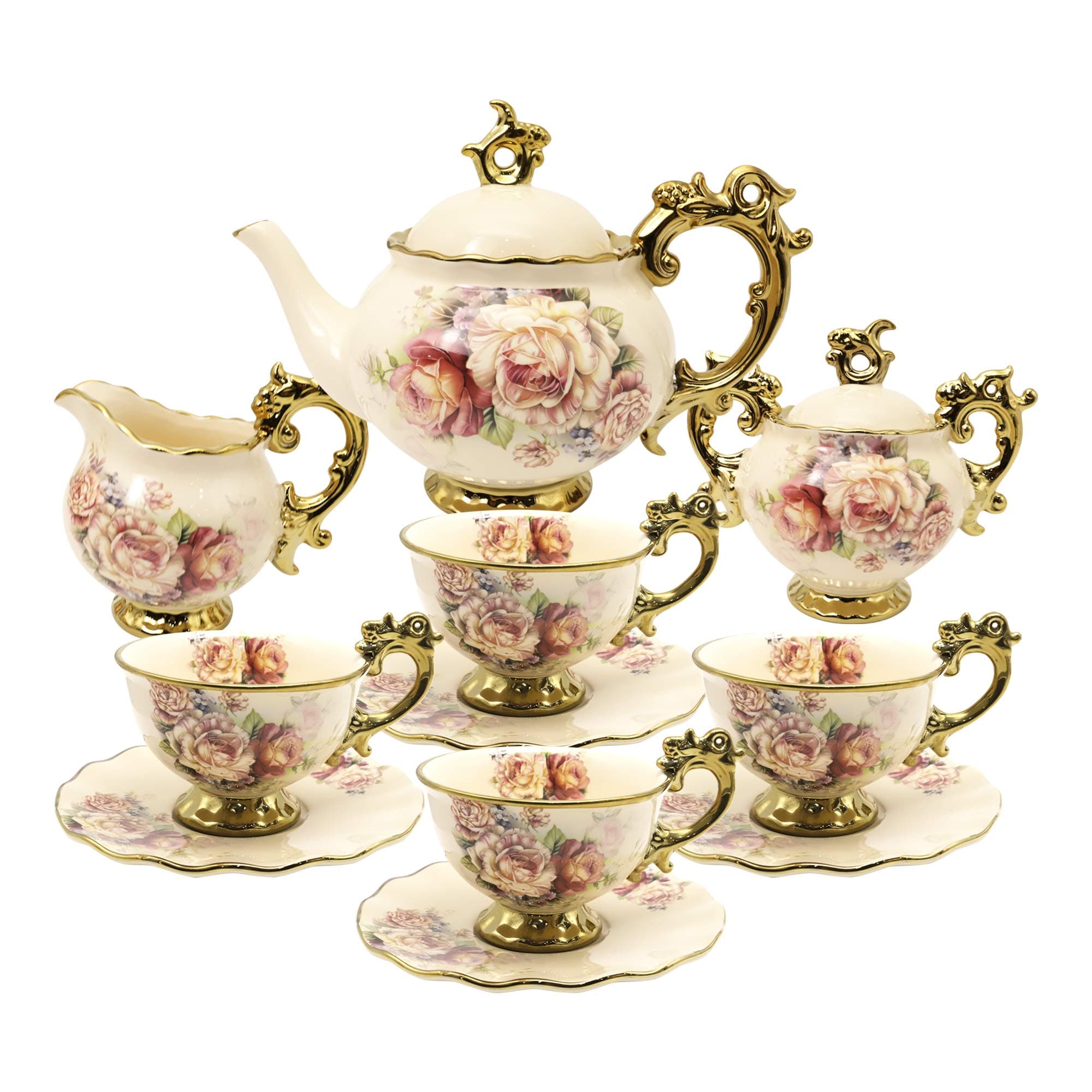 15 Pieces British Porcelain Tea Set, Floral Vintage China Coffee Set, Wedding Tea Service for Adult, Big Tea Cup