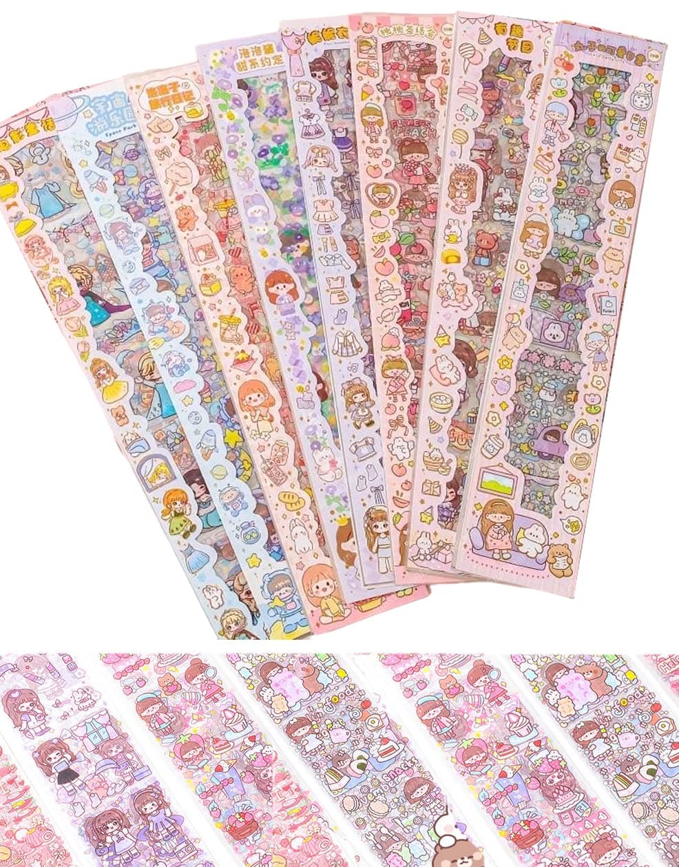 FunBlast Cute Cartoon Theme Kawaii Stickers - 20 PET Sheets Cute Washi Stickers for Project, Japanese Style Girls Sticker Set, SIZE of EACH SHEET - 40 X 8 CM (Color and Design May Vary)